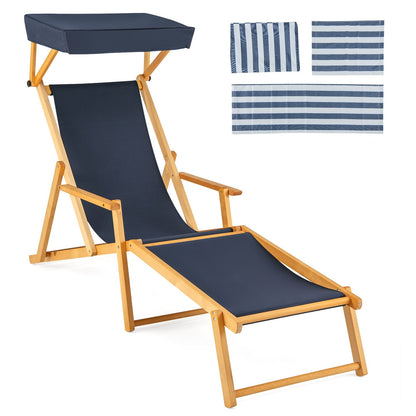 Birch Wood Chaise Lounge Chair Foldable Beach Chair with Adjustable Canopy, Navy Outdoor Chaise Lounges   at Gallery Canada