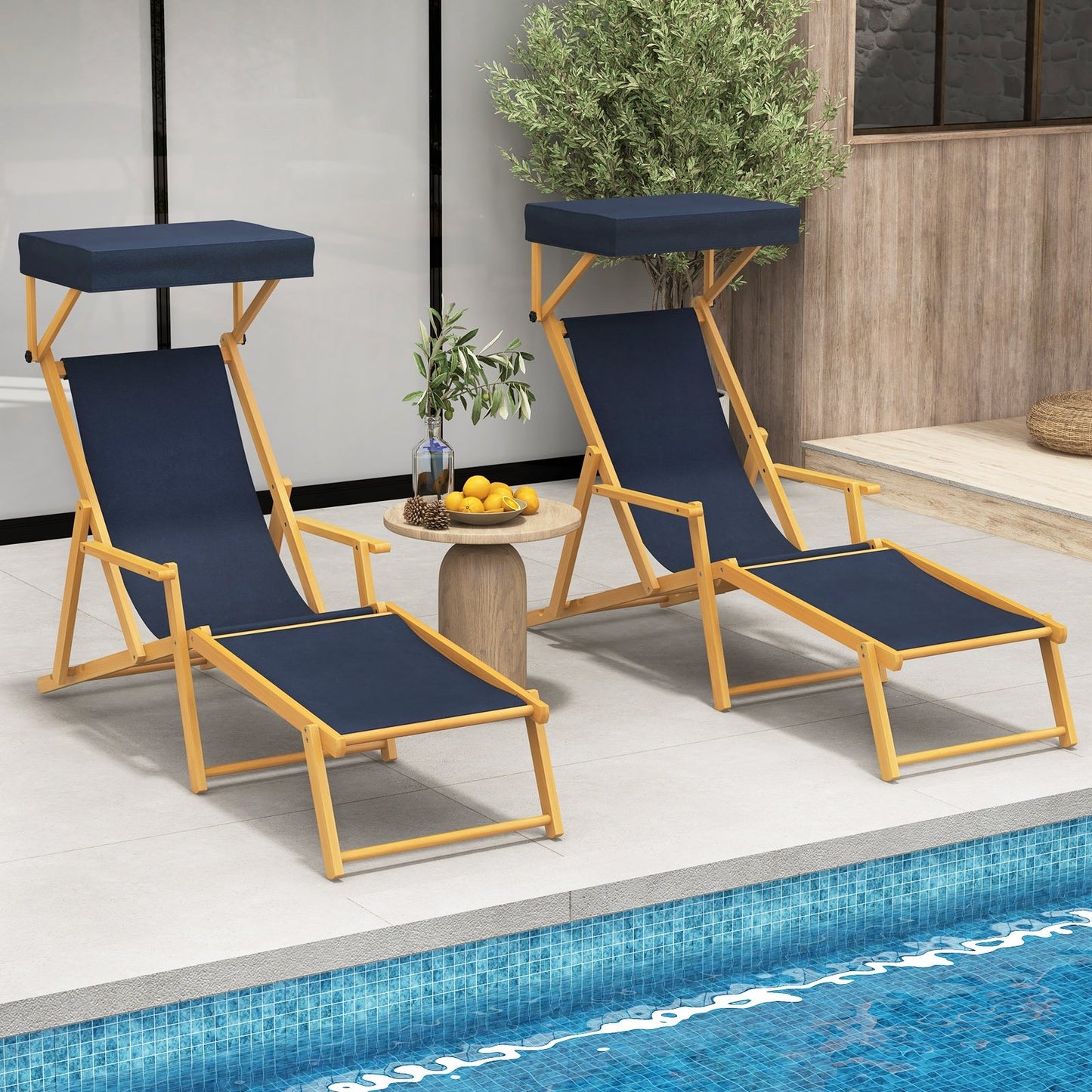 Birch Wood Chaise Lounge Chair Foldable Beach Chair with Adjustable Canopy, Navy Outdoor Chaise Lounges   at Gallery Canada