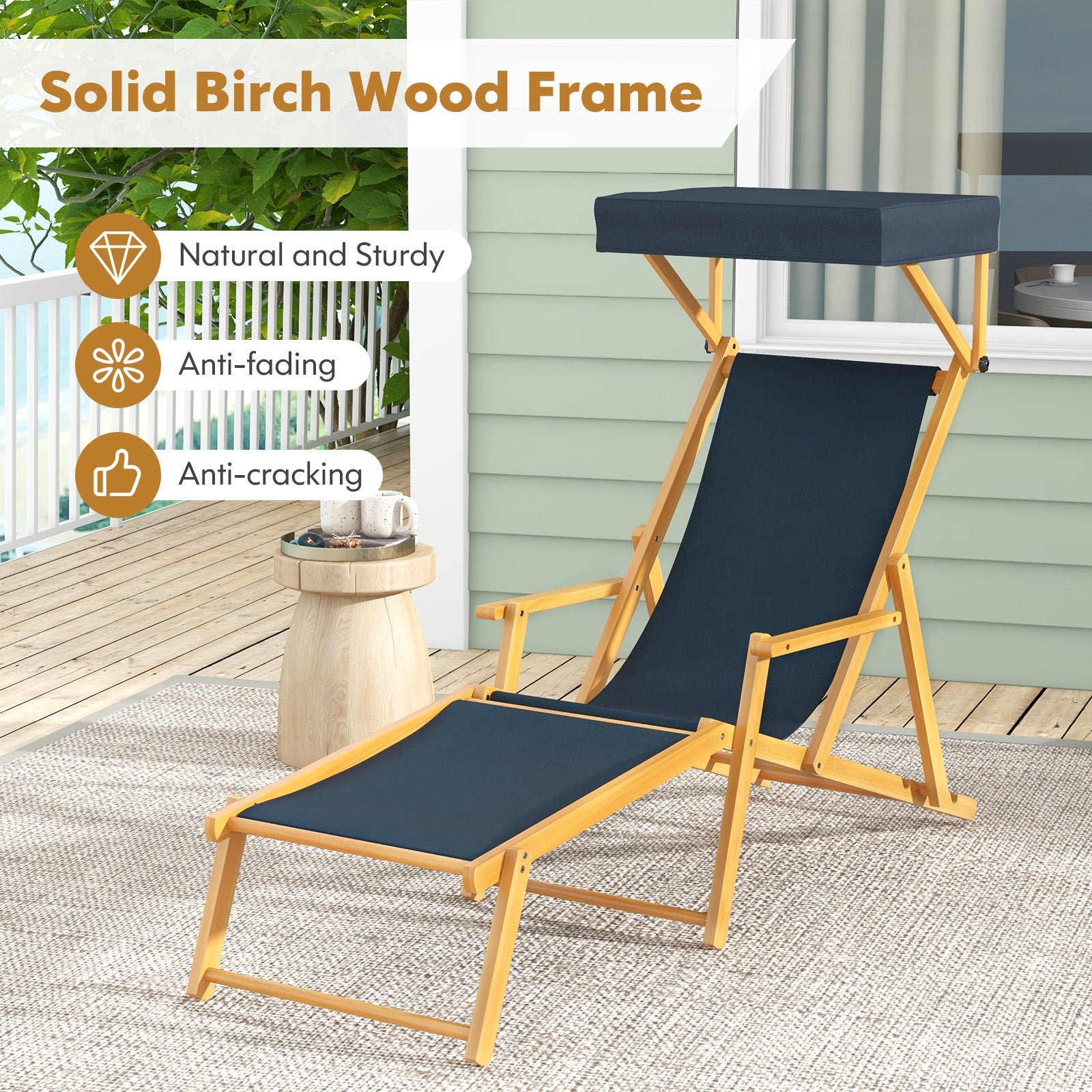 Birch Wood Chaise Lounge Chair Foldable Beach Chair with Adjustable Canopy, Navy Outdoor Chaise Lounges   at Gallery Canada