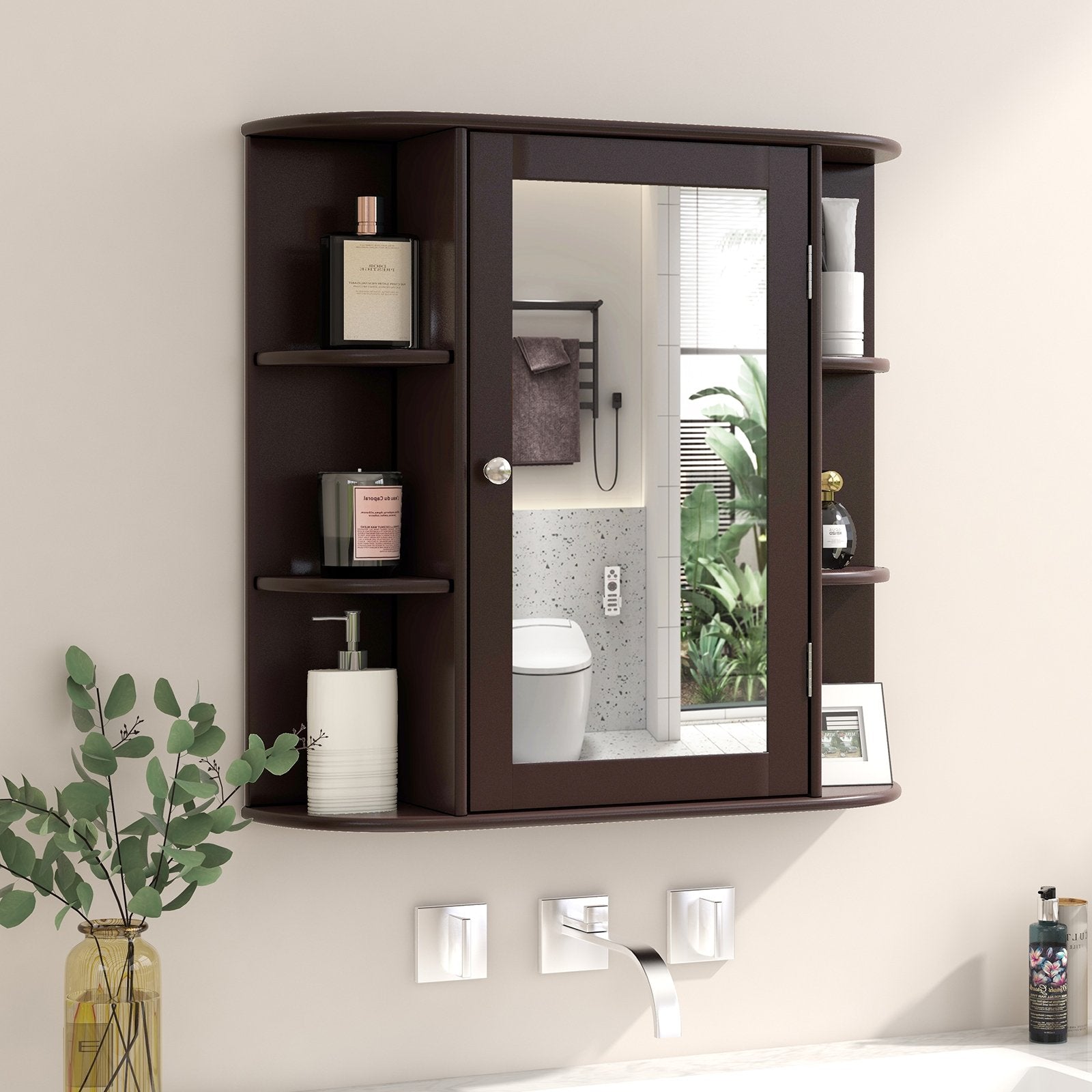 Wall-Mounted Bathroom Mirror Cabinet with Storage Shelves, Brown Wall Cabinets   at Gallery Canada