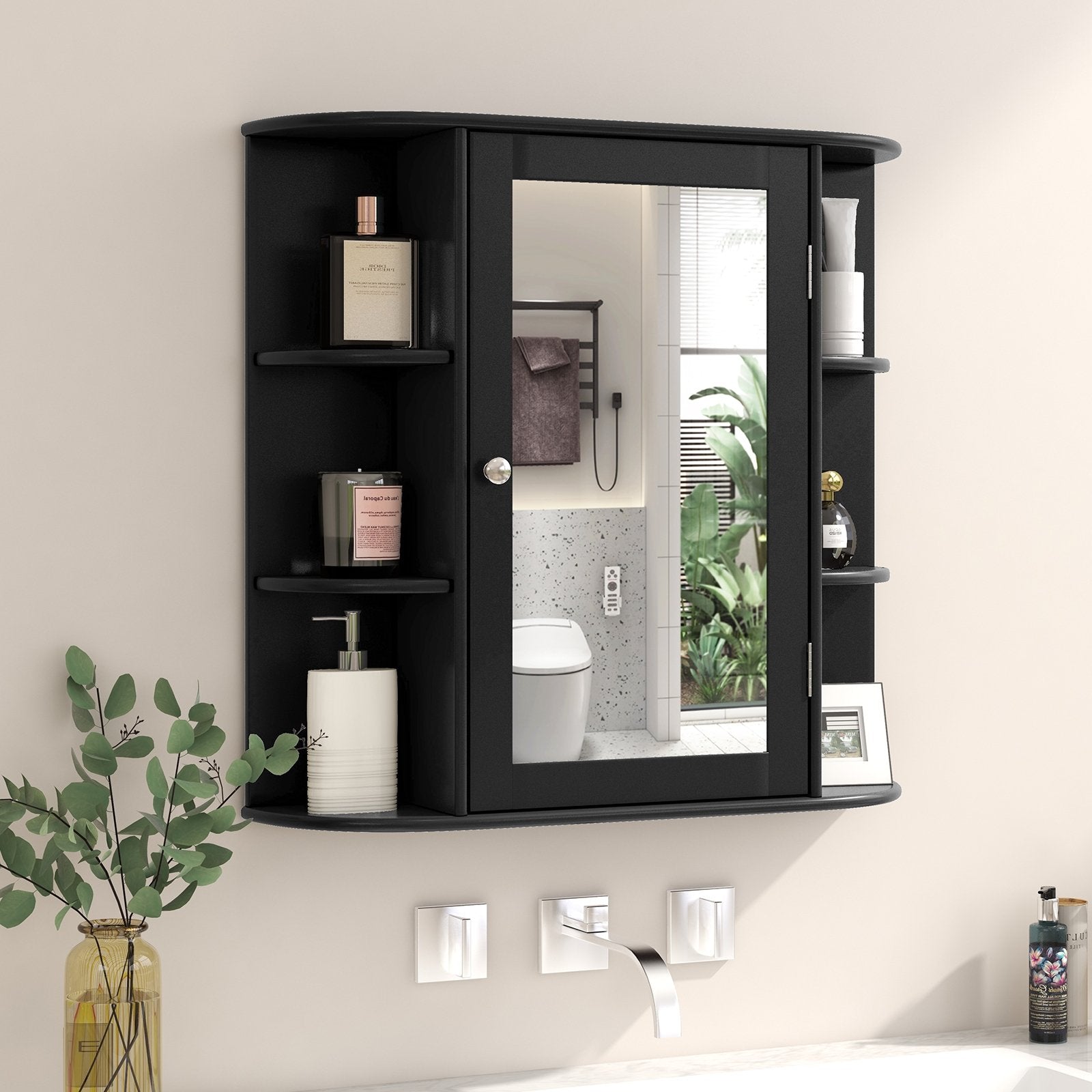 Wall-Mounted Bathroom Mirror Cabinet with Storage Shelves, Black Wall Cabinets   at Gallery Canada