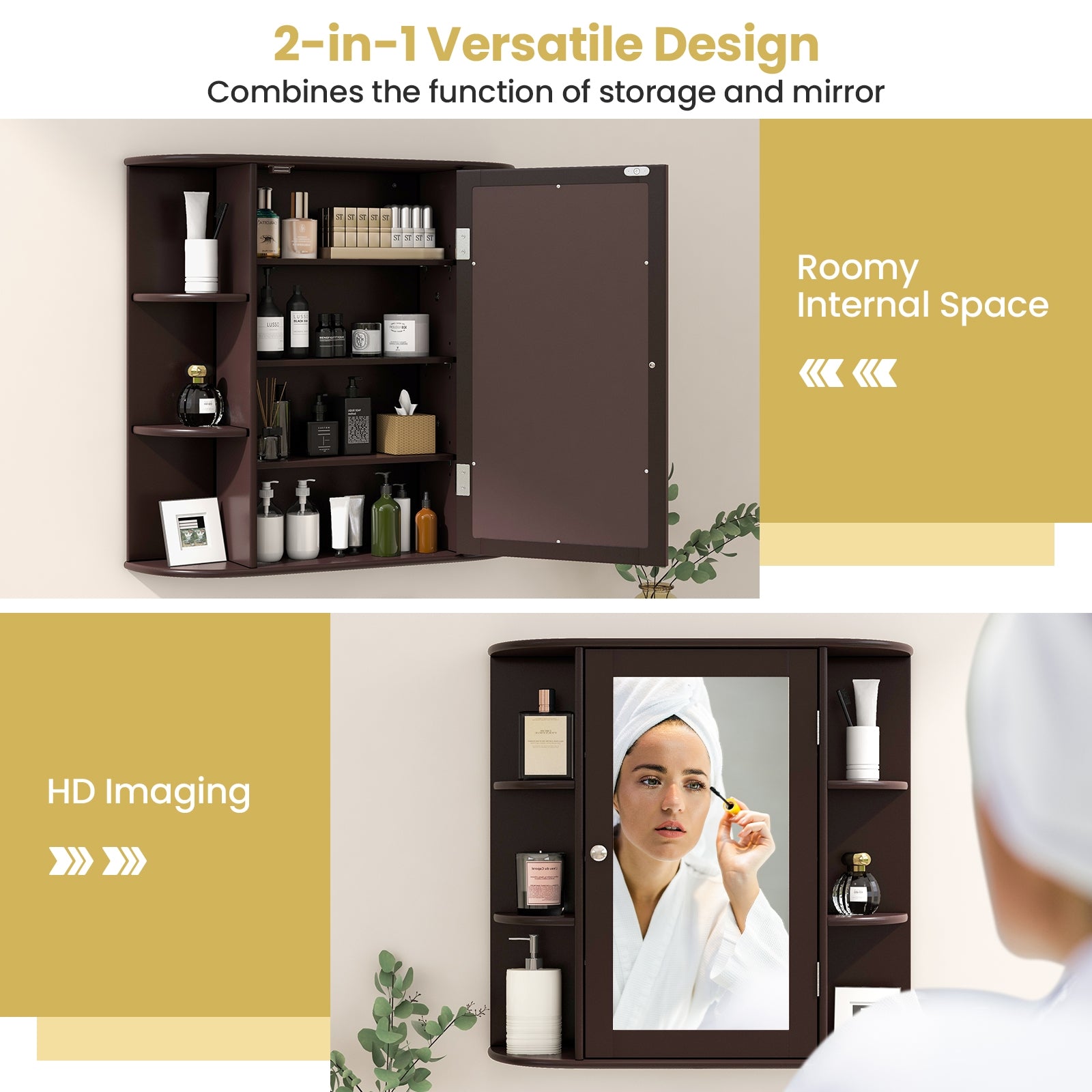 Wall-Mounted Bathroom Mirror Cabinet with Storage Shelves, Brown Wall Cabinets   at Gallery Canada