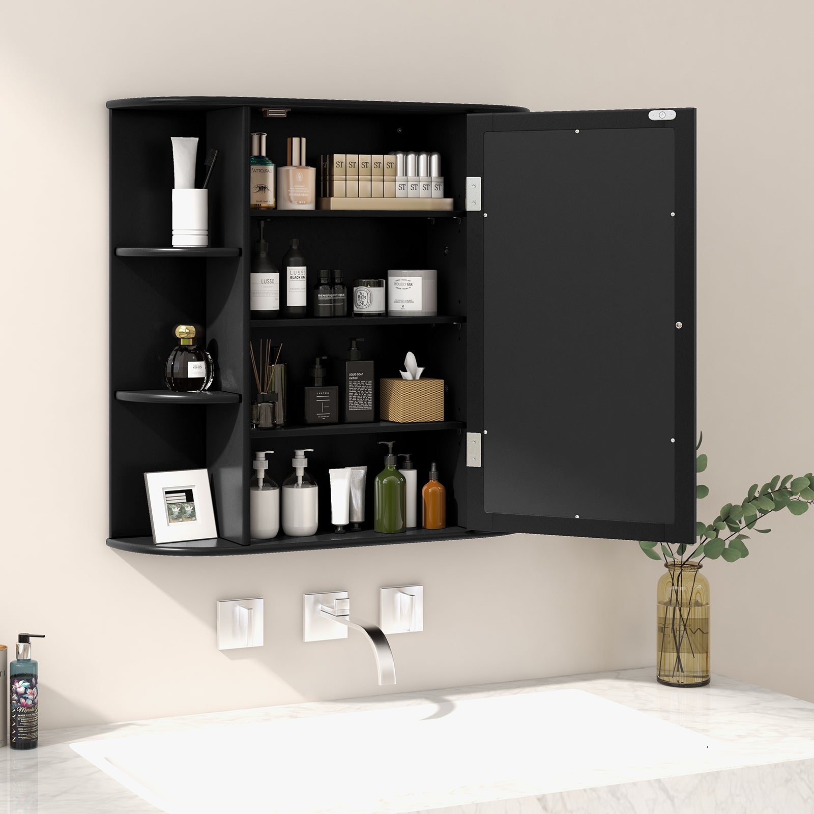 Wall-Mounted Bathroom Mirror Cabinet with Storage Shelves, Black Wall Cabinets   at Gallery Canada