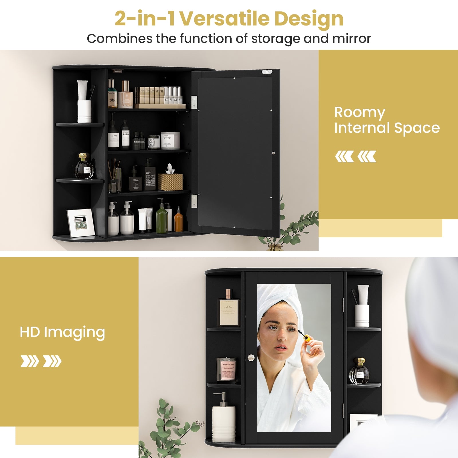 Wall-Mounted Bathroom Mirror Cabinet with Storage Shelves, Black Wall Cabinets   at Gallery Canada