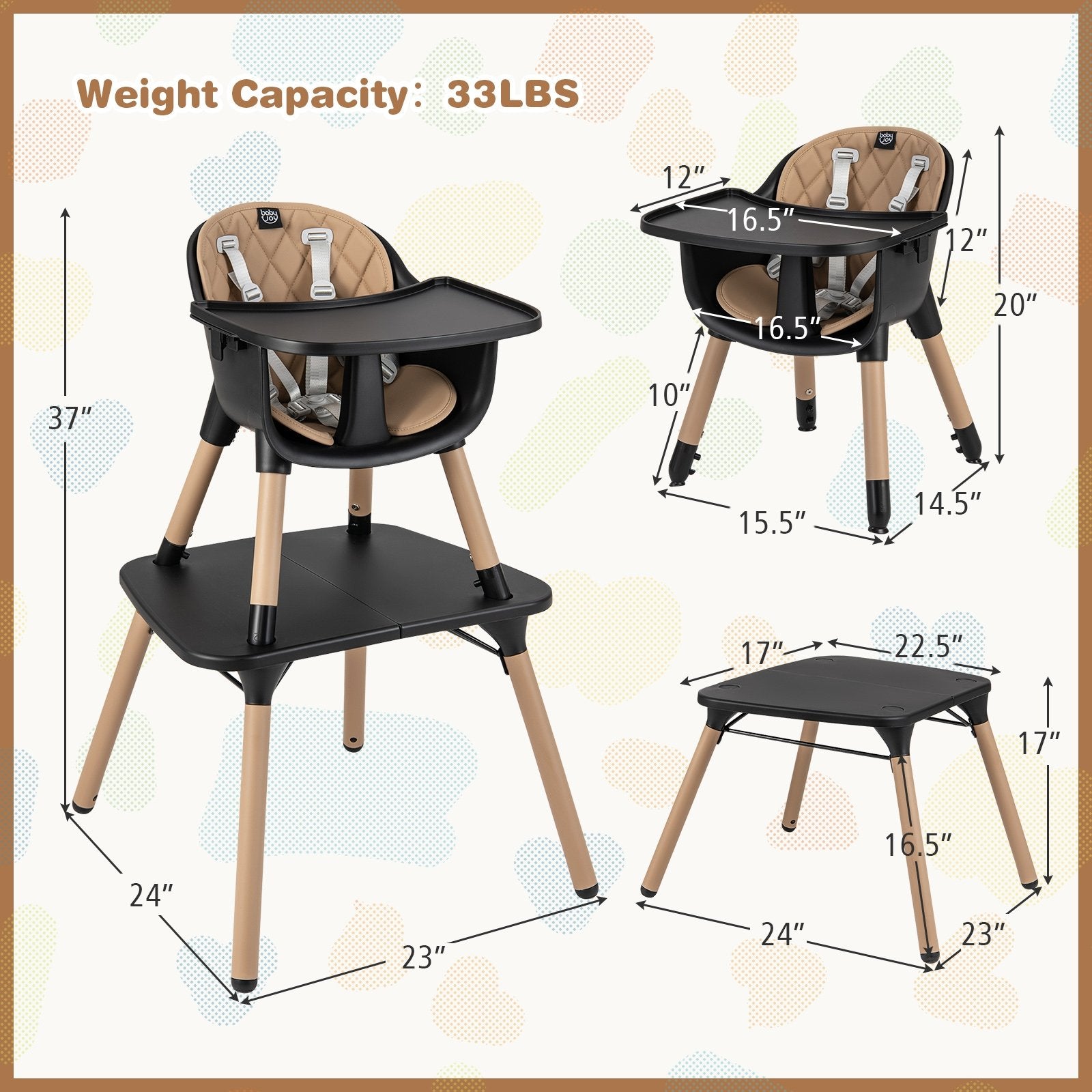 4-in-1 Baby Convertible Toddler Table Chair Set with PU Cushion, Brown High Chairs   at Gallery Canada