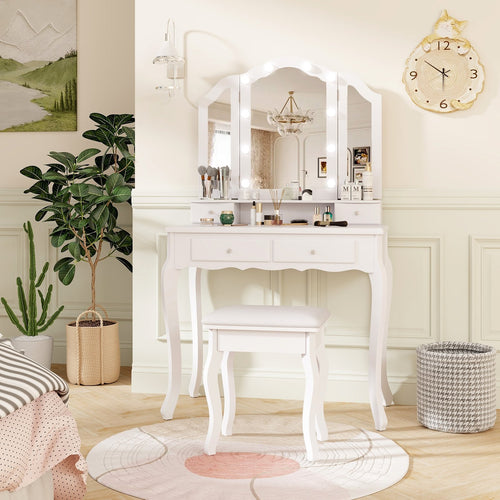 Makeup Vanity Table Set with Lighted Mirror and Drawers, White