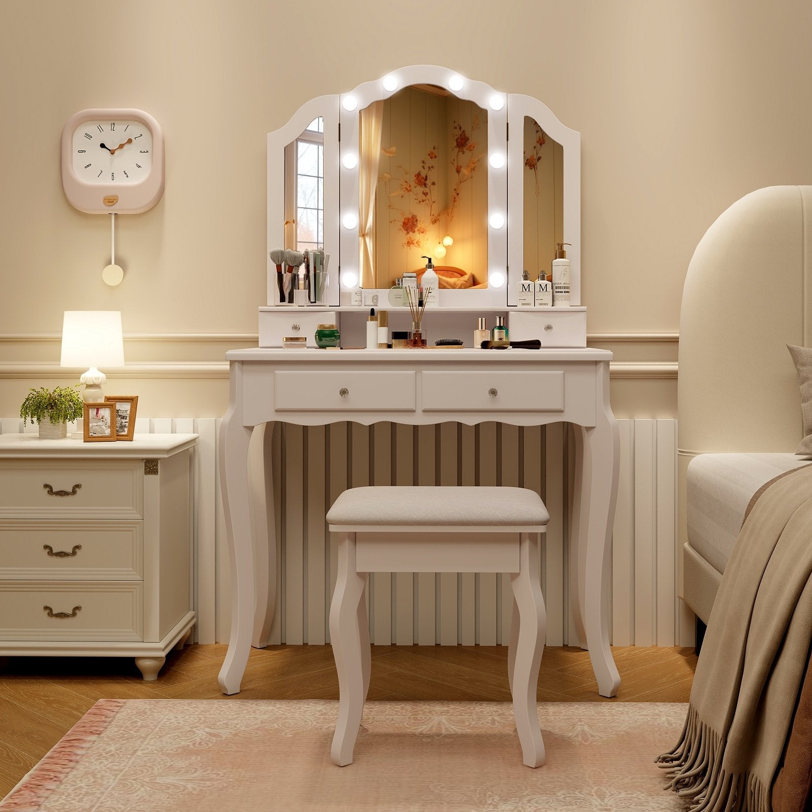 Makeup Vanity Table Set with Lighted Mirror and Drawers, White Makeup Vanities   at Gallery Canada