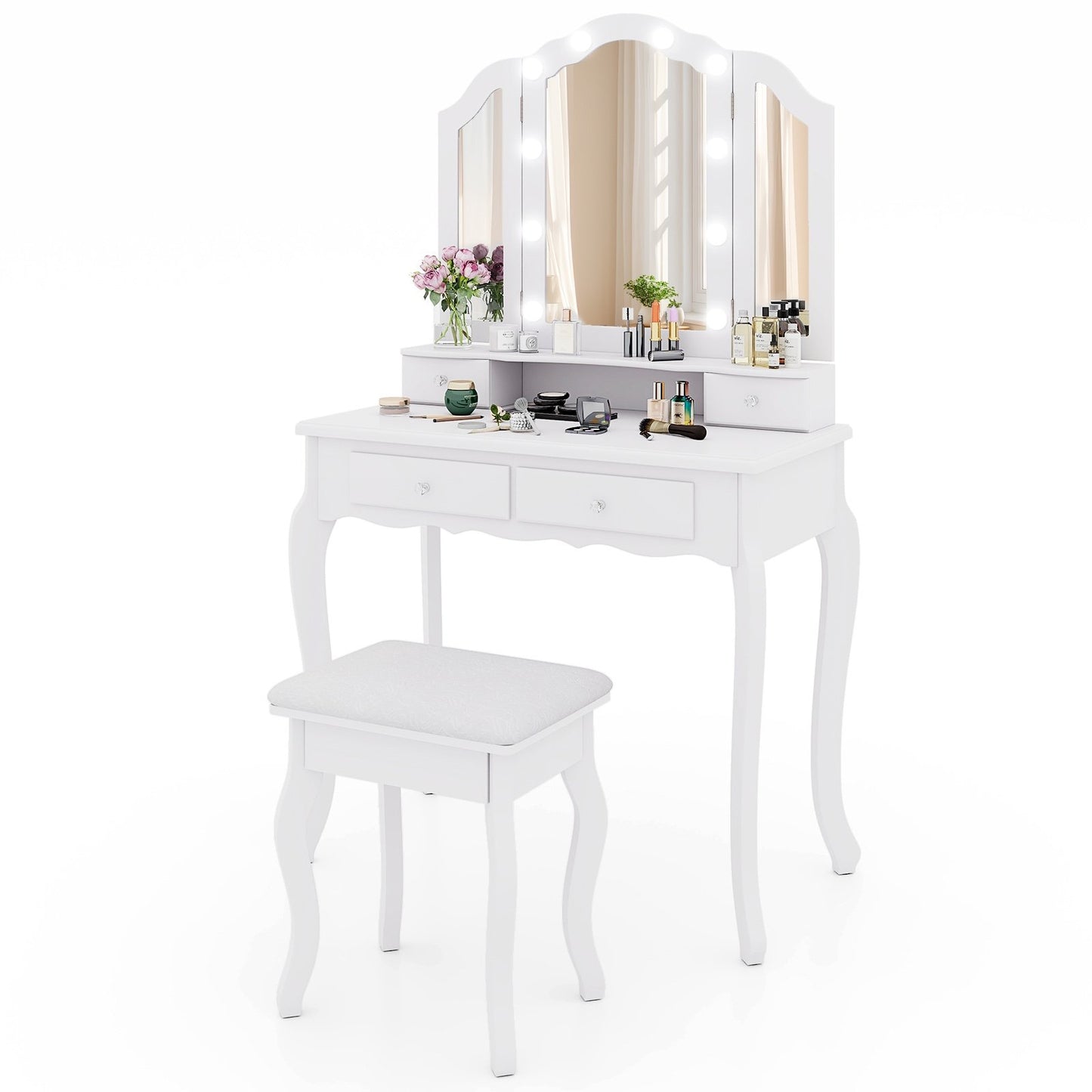 Makeup Vanity Table Set with Lighted Mirror and Drawers, White Makeup Vanities White  at Gallery Canada