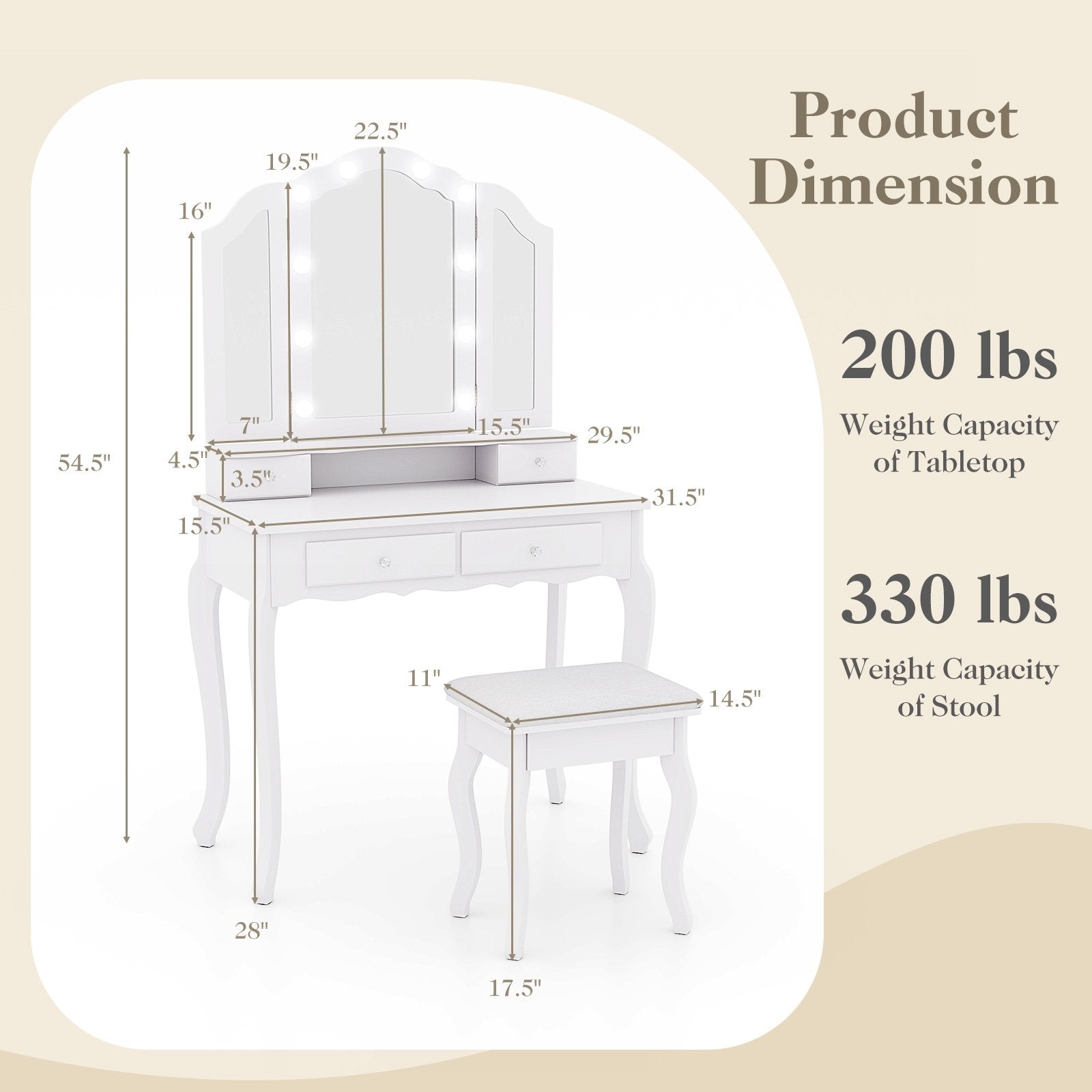 Makeup Vanity Table Set with Lighted Mirror and Drawers, White Makeup Vanities   at Gallery Canada