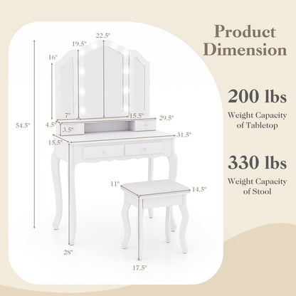 Makeup Vanity Table Set with Lighted Mirror and Drawers, White Makeup Vanities   at Gallery Canada