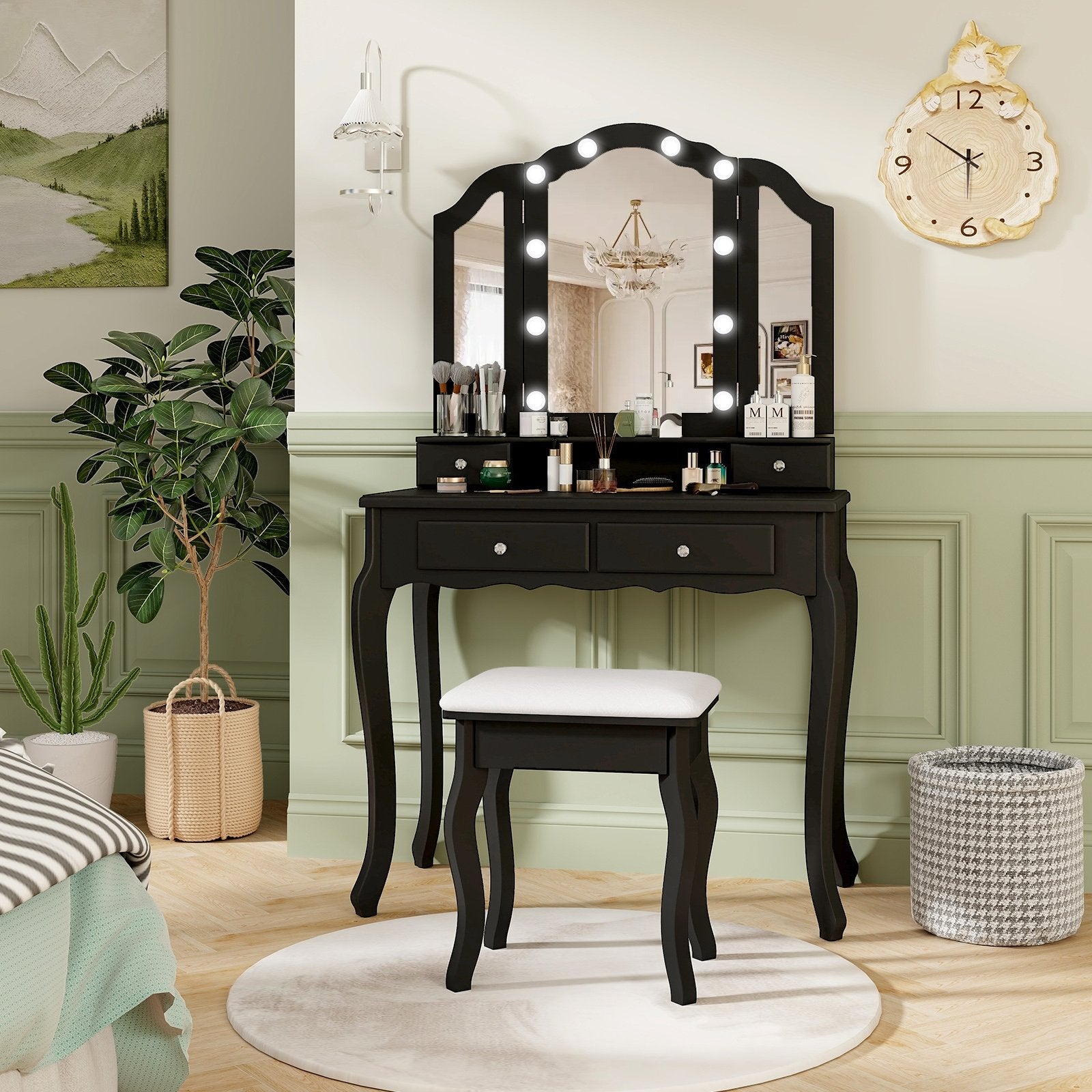 Makeup Vanity Table Set with Lighted Mirror and Drawers, Black Makeup Vanities   at Gallery Canada