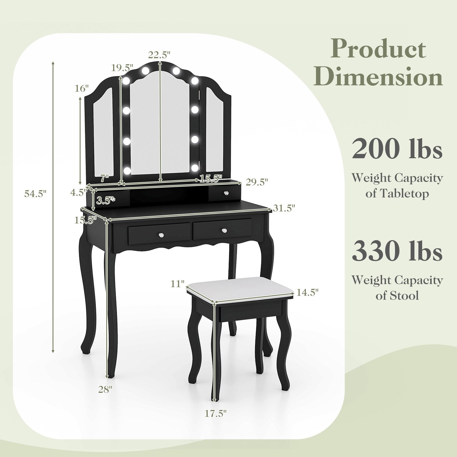 Makeup Vanity Table Set with Lighted Mirror and Drawers, Black Makeup Vanities   at Gallery Canada