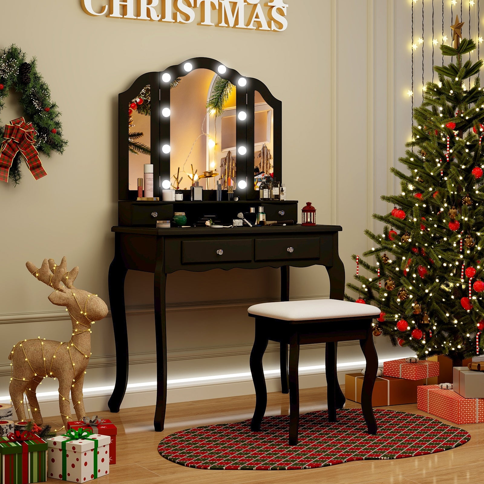 Makeup Vanity Table Set with Lighted Mirror and Drawers, Black Makeup Vanities   at Gallery Canada