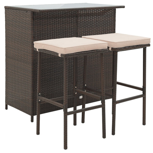 3 Pcs Patio Bar Set with Tempered Glass Tabletop, Brown