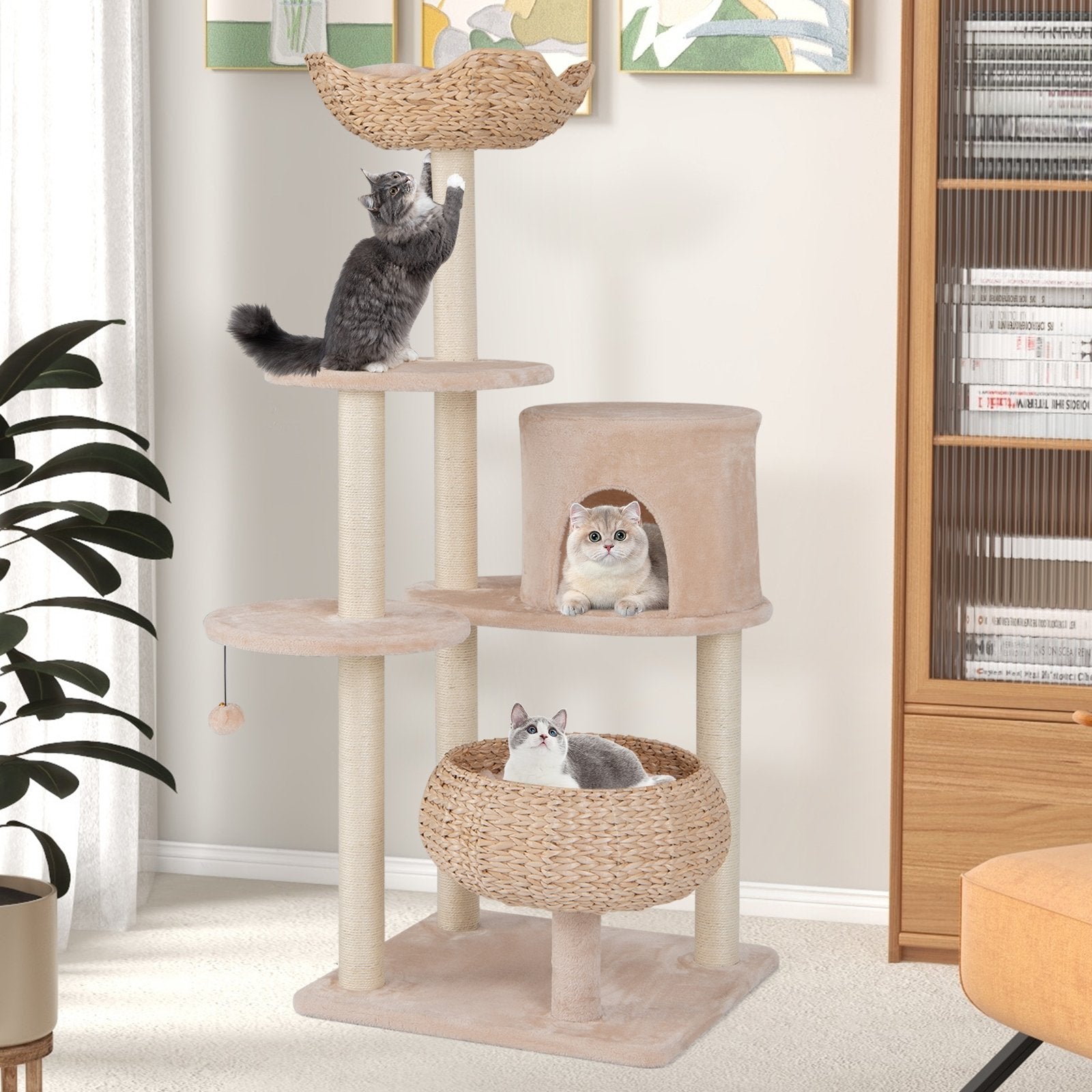 59 Inches Cattail Cat Tower with Sisal Scratching Posts and Soft Hammock, Beige Cat Trees Condos & Scratchers   at Gallery Canada