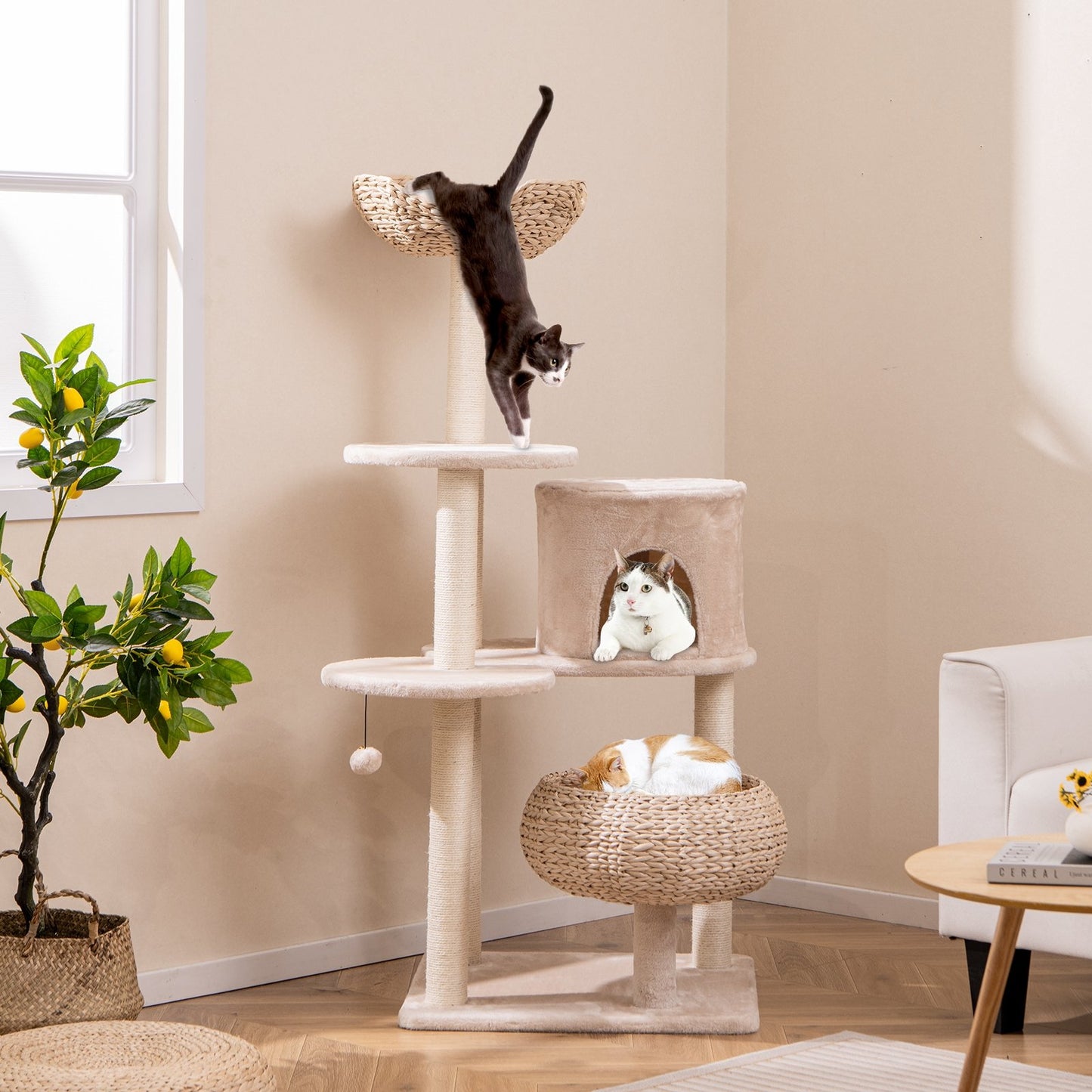 59 Inches Cattail Cat Tower with Sisal Scratching Posts and Soft Hammock, Beige Cat Trees Condos & Scratchers   at Gallery Canada