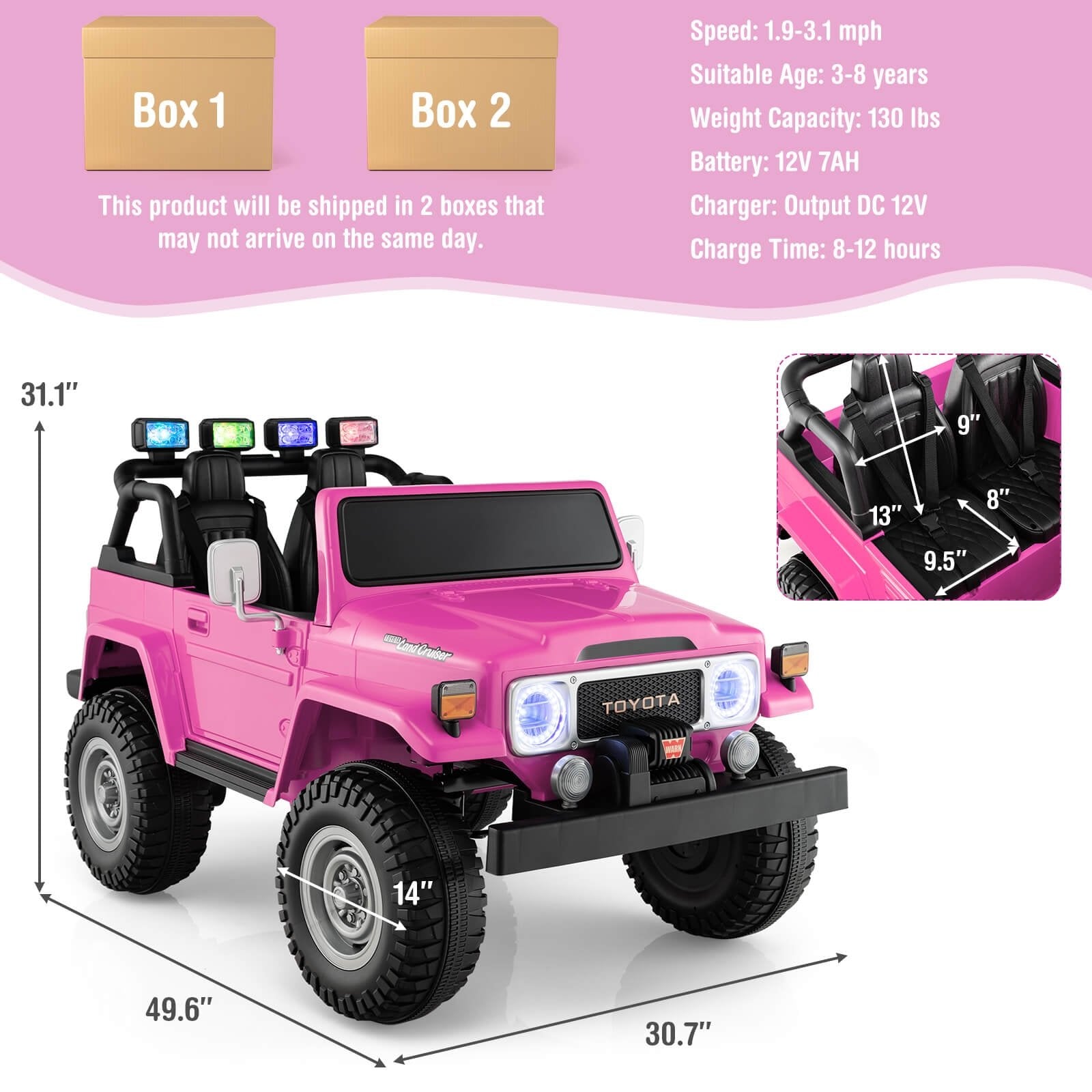 12V 2-Seat Licensed Kids Ride On Toyota FJ40 Car with 2.4G Remote Control, Pink Powered Ride On Toys   at Gallery Canada