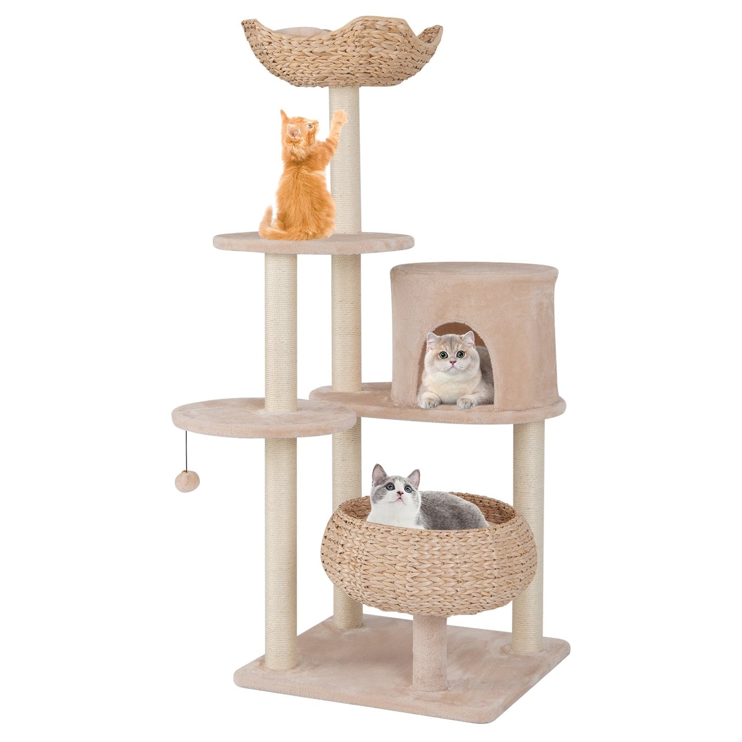 59 Inches Cattail Cat Tower with Sisal Scratching Posts and Soft Hammock, Beige Cat Trees Condos & Scratchers Beige  at Gallery Canada