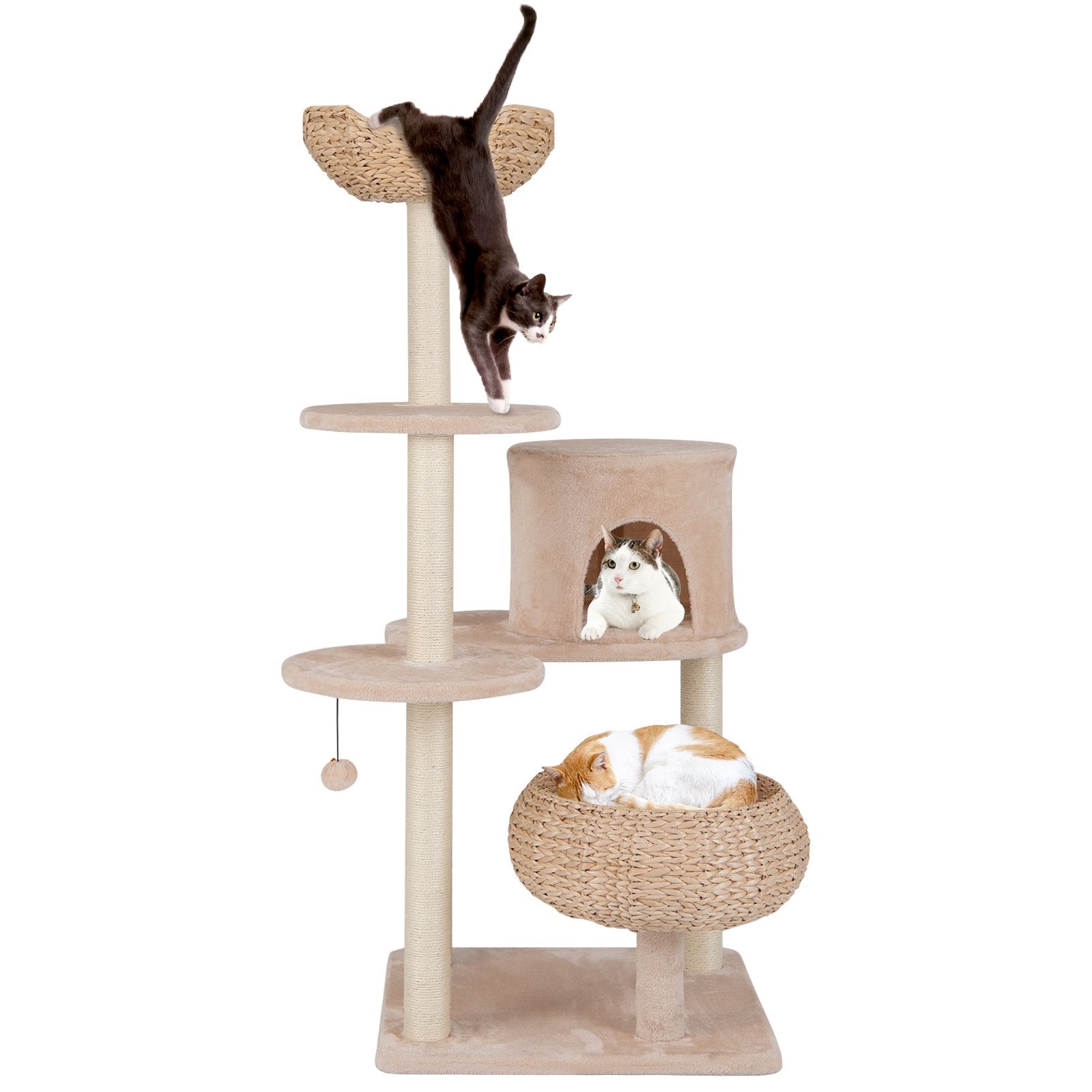 59 Inches Cattail Cat Tower with Sisal Scratching Posts and Soft Hammock, Beige Cat Trees Condos & Scratchers   at Gallery Canada