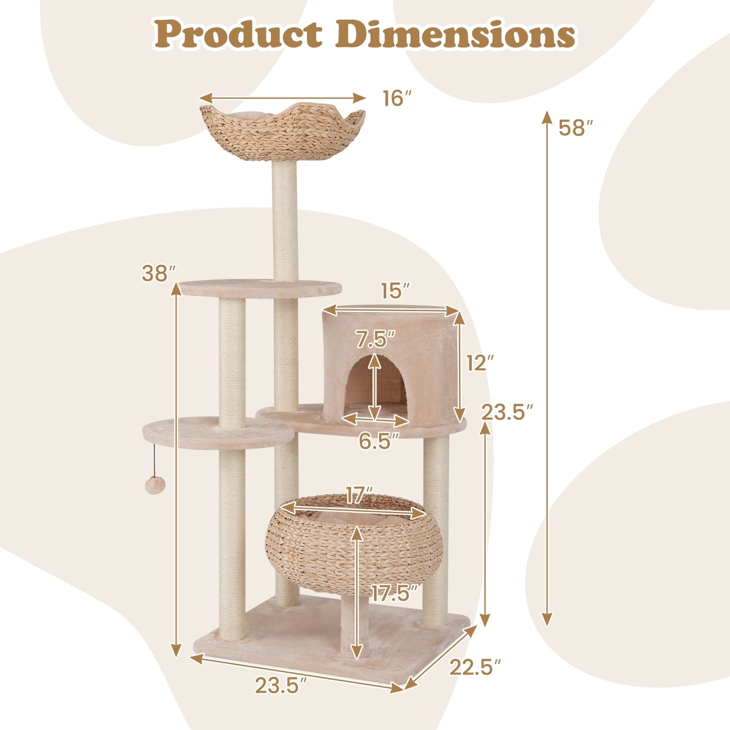 59 Inches Cattail Cat Tower with Sisal Scratching Posts and Soft Hammock, Beige Cat Trees Condos & Scratchers   at Gallery Canada