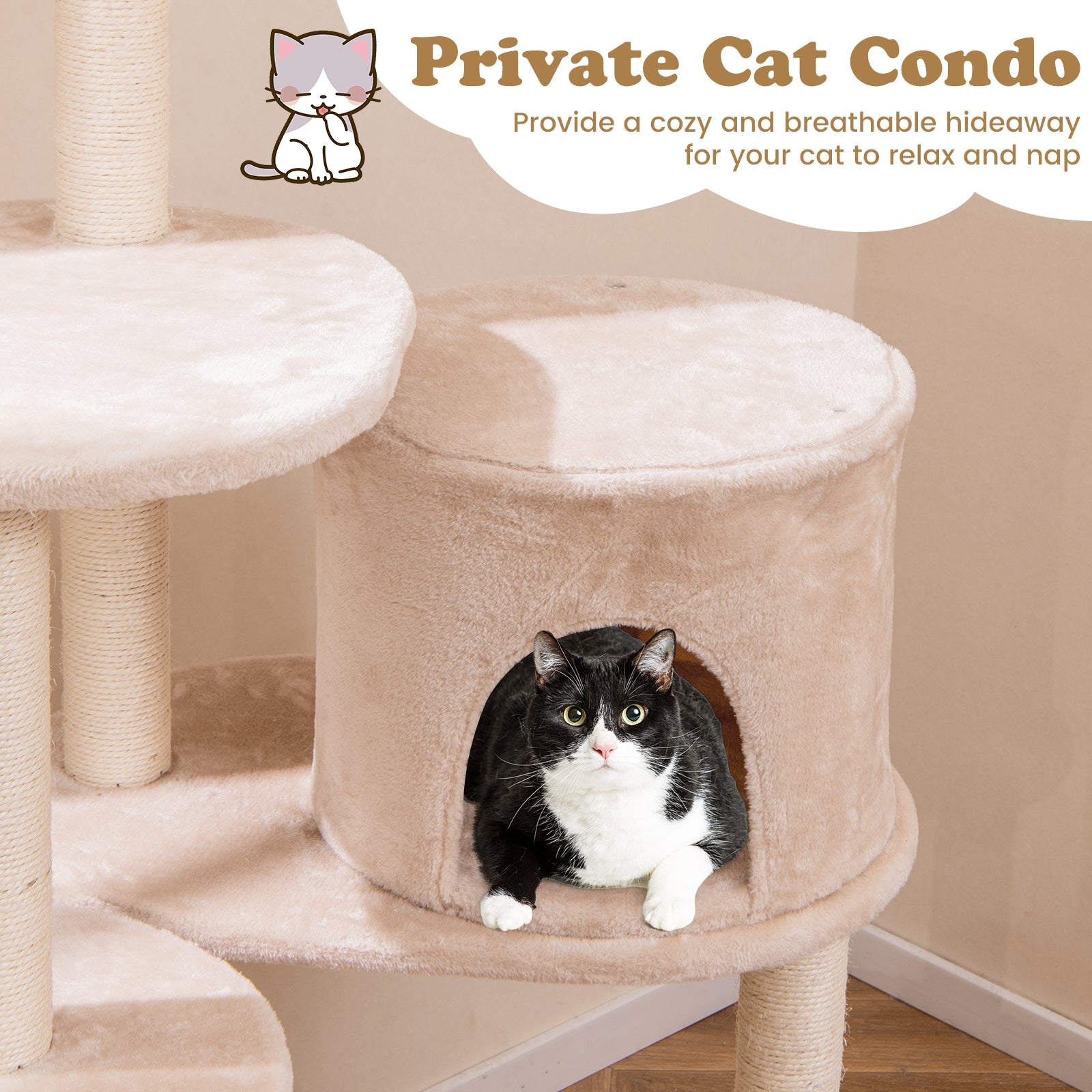 59 Inches Cattail Cat Tower with Sisal Scratching Posts and Soft Hammock, Beige Cat Trees Condos & Scratchers   at Gallery Canada