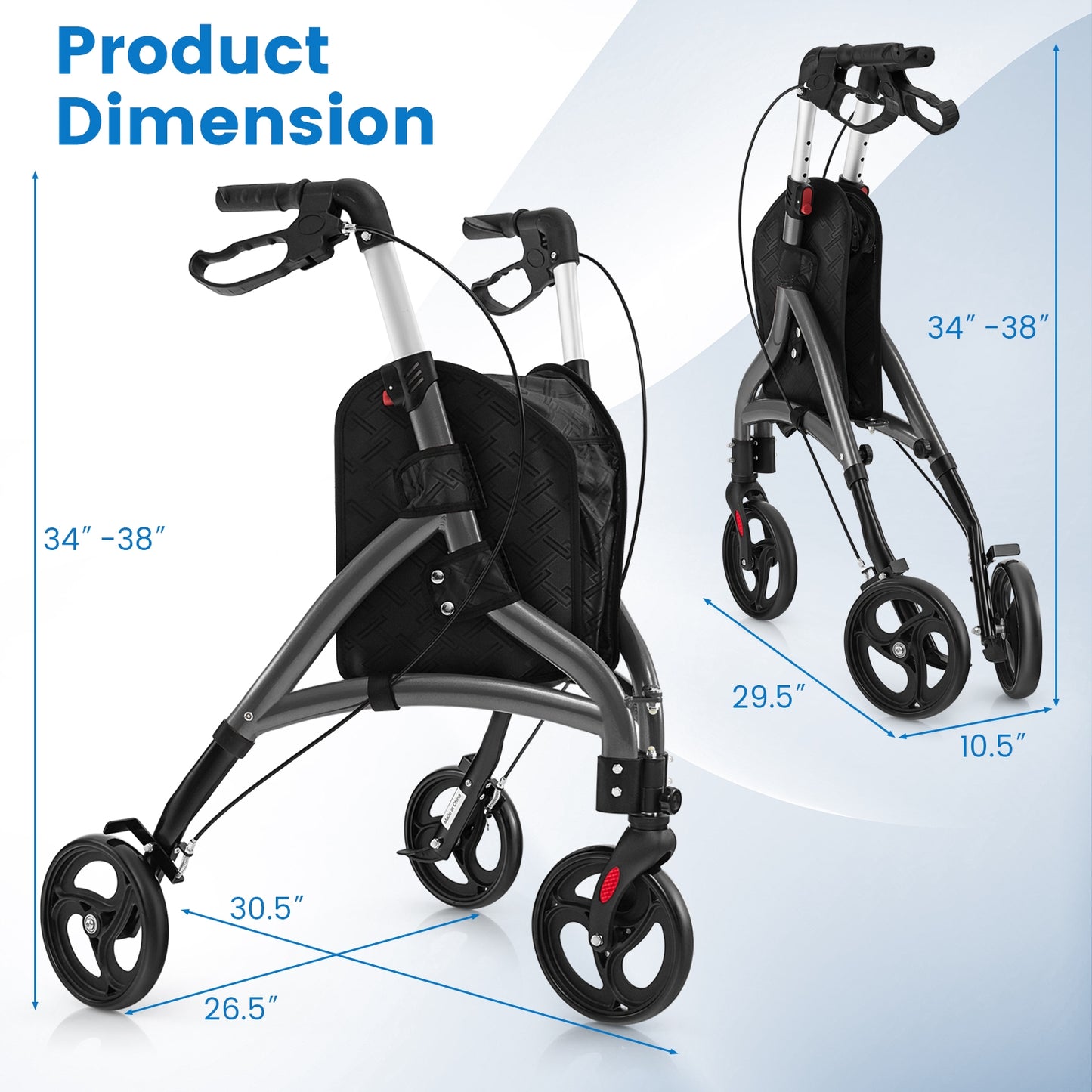 Foldable Rollator Walker with Lightweight Aluminum Frame, Gray Walkers & Rollators   at Gallery Canada