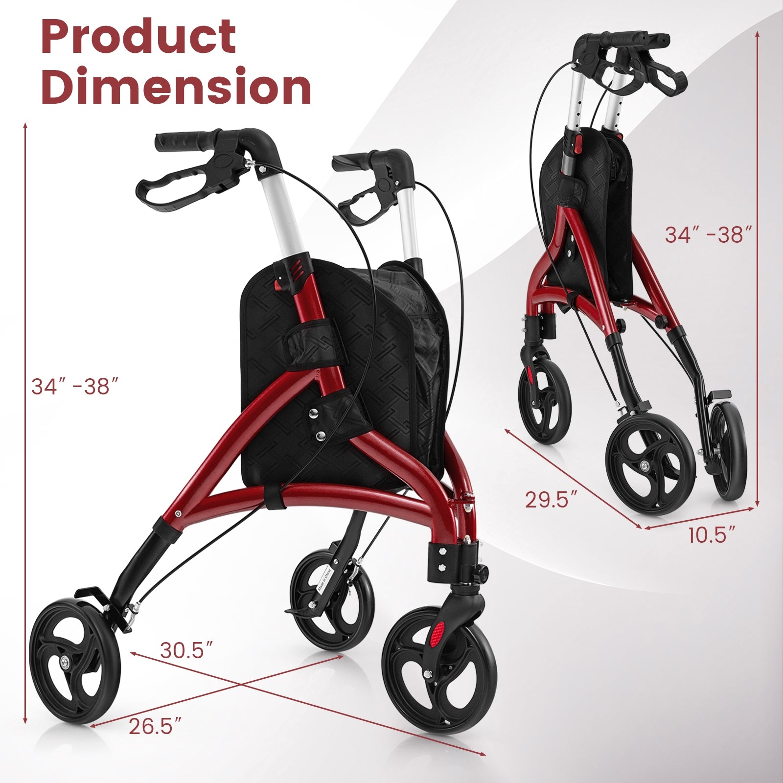 Foldable Rollator Walker with Lightweight Aluminum Frame, Red Walkers & Rollators   at Gallery Canada