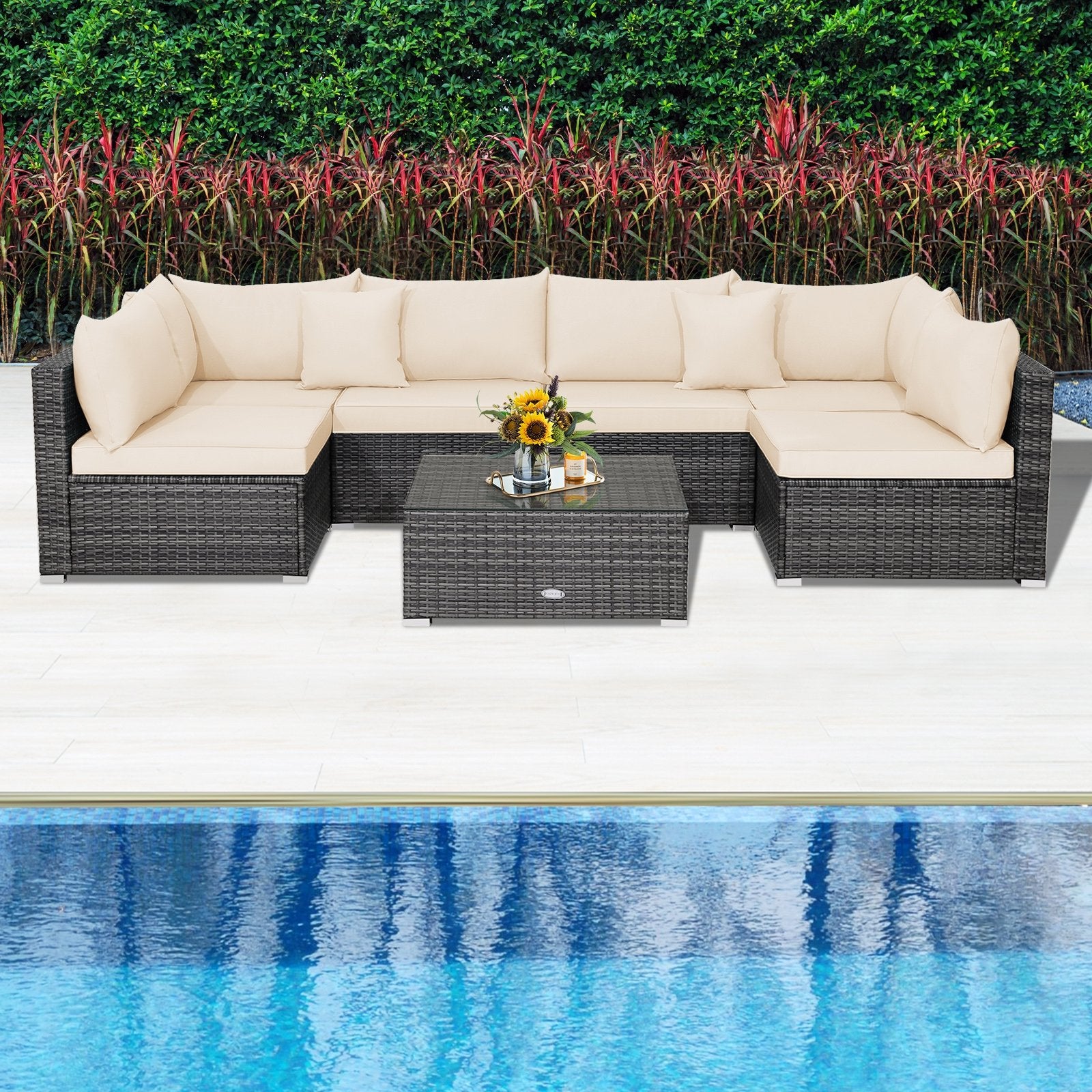 7 Pieces Patio Rattan Furniture Set with Sectional Sofa Cushioned, Beige Outdoor Sectionals   at Gallery Canada