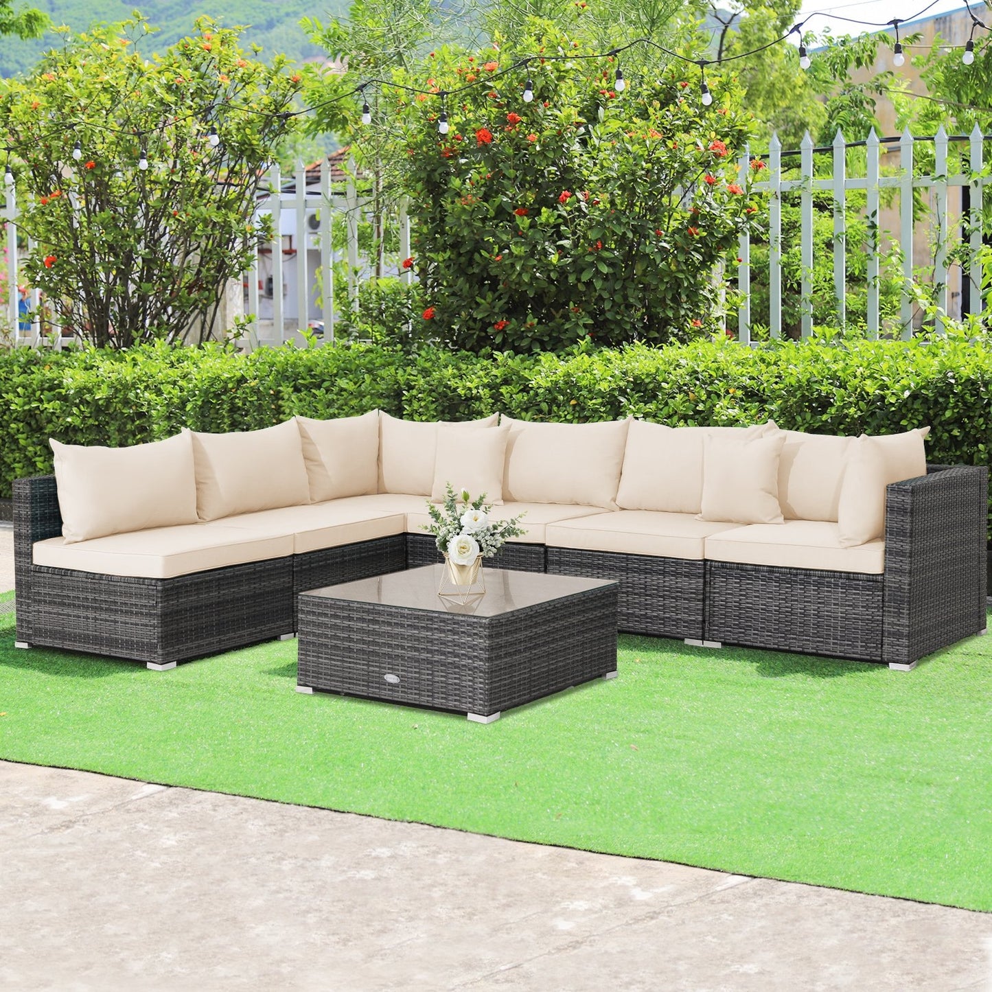 7 Pieces Patio Rattan Furniture Set with Sectional Sofa Cushioned, Beige Outdoor Sectionals   at Gallery Canada