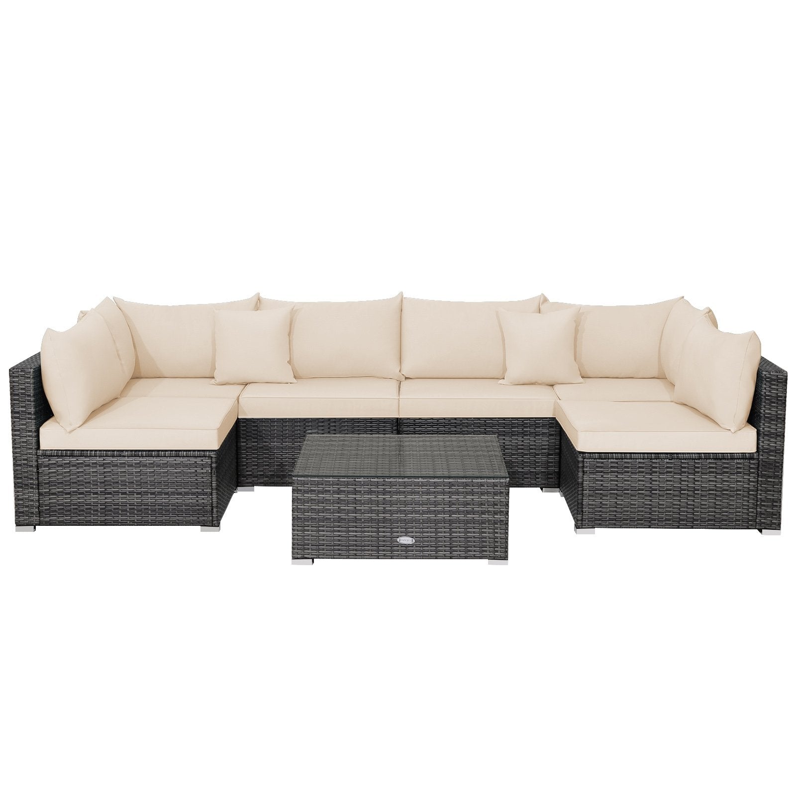 7 Pieces Patio Rattan Furniture Set with Sectional Sofa Cushioned, Beige Outdoor Sectionals Beige  at Gallery Canada