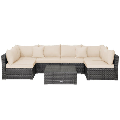 7 Pieces Patio Rattan Furniture Set with Sectional Sofa Cushioned, Beige