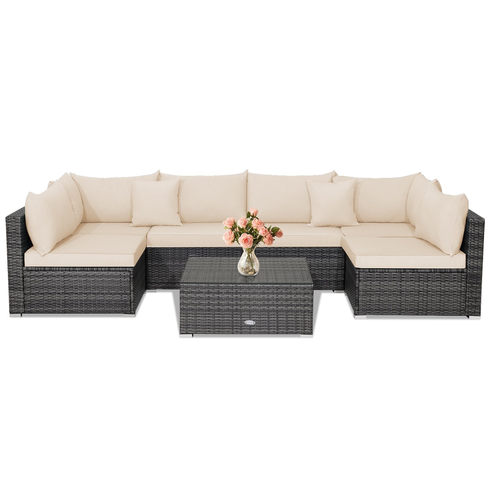 7 Pieces Patio Rattan Furniture Set with Sectional Sofa Cushioned, Beige Outdoor Sectionals   at Gallery Canada