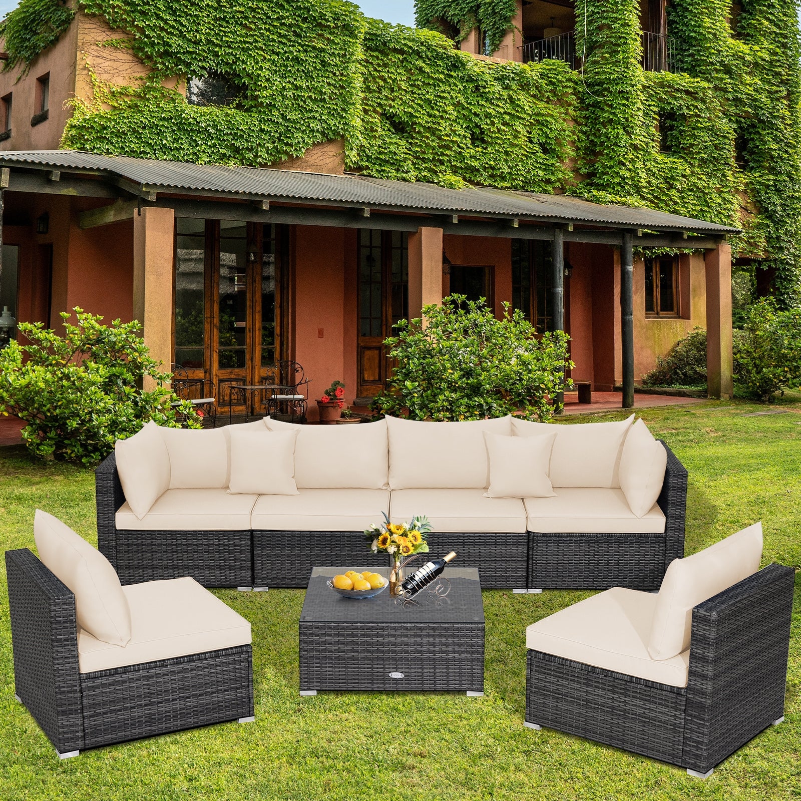 7 Pieces Patio Rattan Furniture Set with Sectional Sofa Cushioned, Beige Outdoor Sectionals   at Gallery Canada