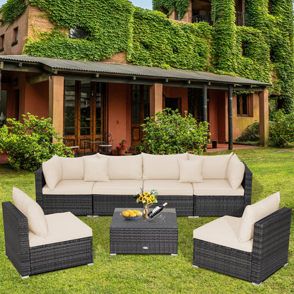 7 Pieces Patio Rattan Furniture Set with Sectional Sofa Cushioned, Beige Outdoor Sectionals   at Gallery Canada