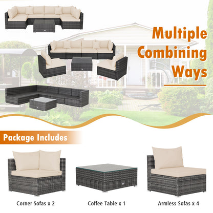 7 Pieces Patio Rattan Furniture Set with Sectional Sofa Cushioned, Beige Outdoor Sectionals   at Gallery Canada