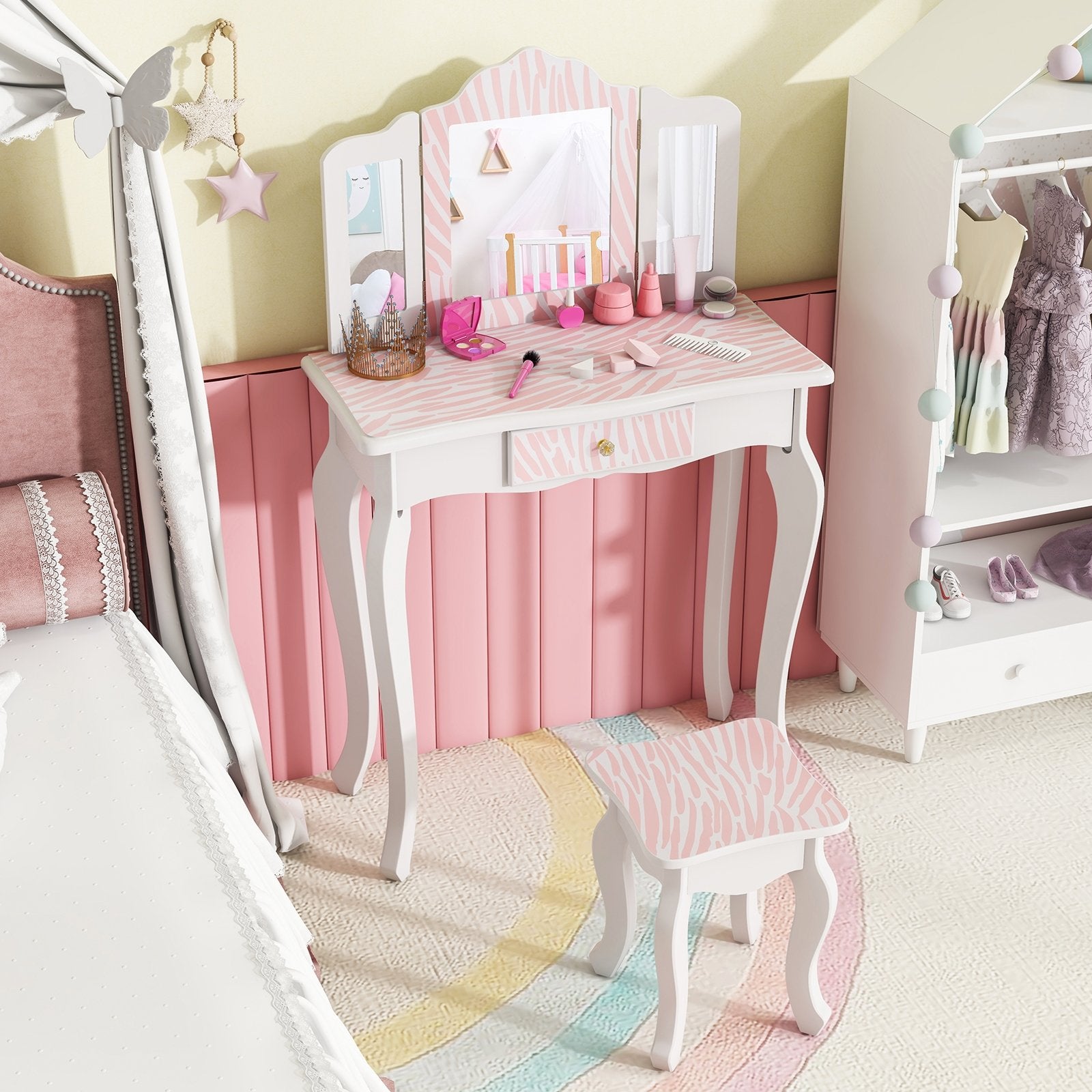 Kids Vanity Set with Drawer and 3 Makeup Accessories, Pink Kids Vanities   at Gallery Canada