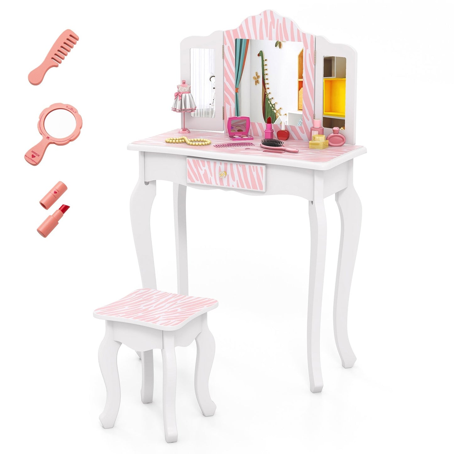 Kids Vanity Set with Drawer and 3 Makeup Accessories, Pink Kids Vanities Pink  at Gallery Canada