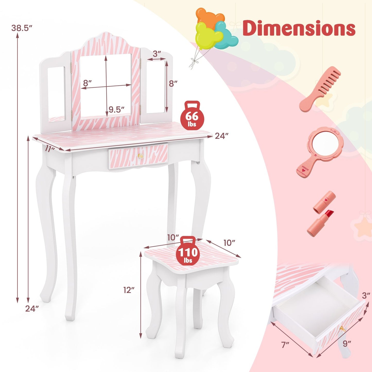 Kids Vanity Set with Drawer and 3 Makeup Accessories, Pink Kids Vanities   at Gallery Canada