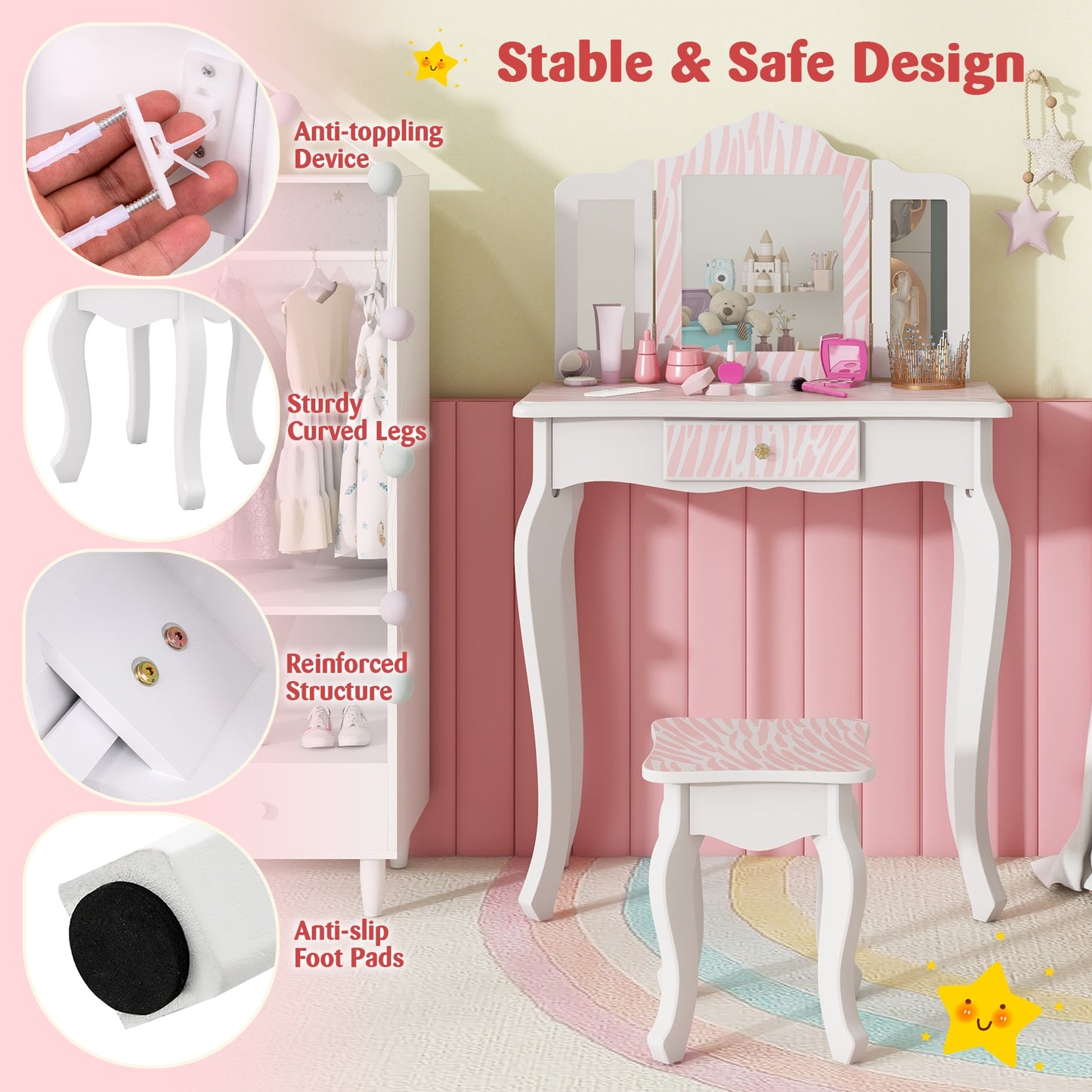 Kids Vanity Set with Drawer and 3 Makeup Accessories, Pink Kids Vanities   at Gallery Canada