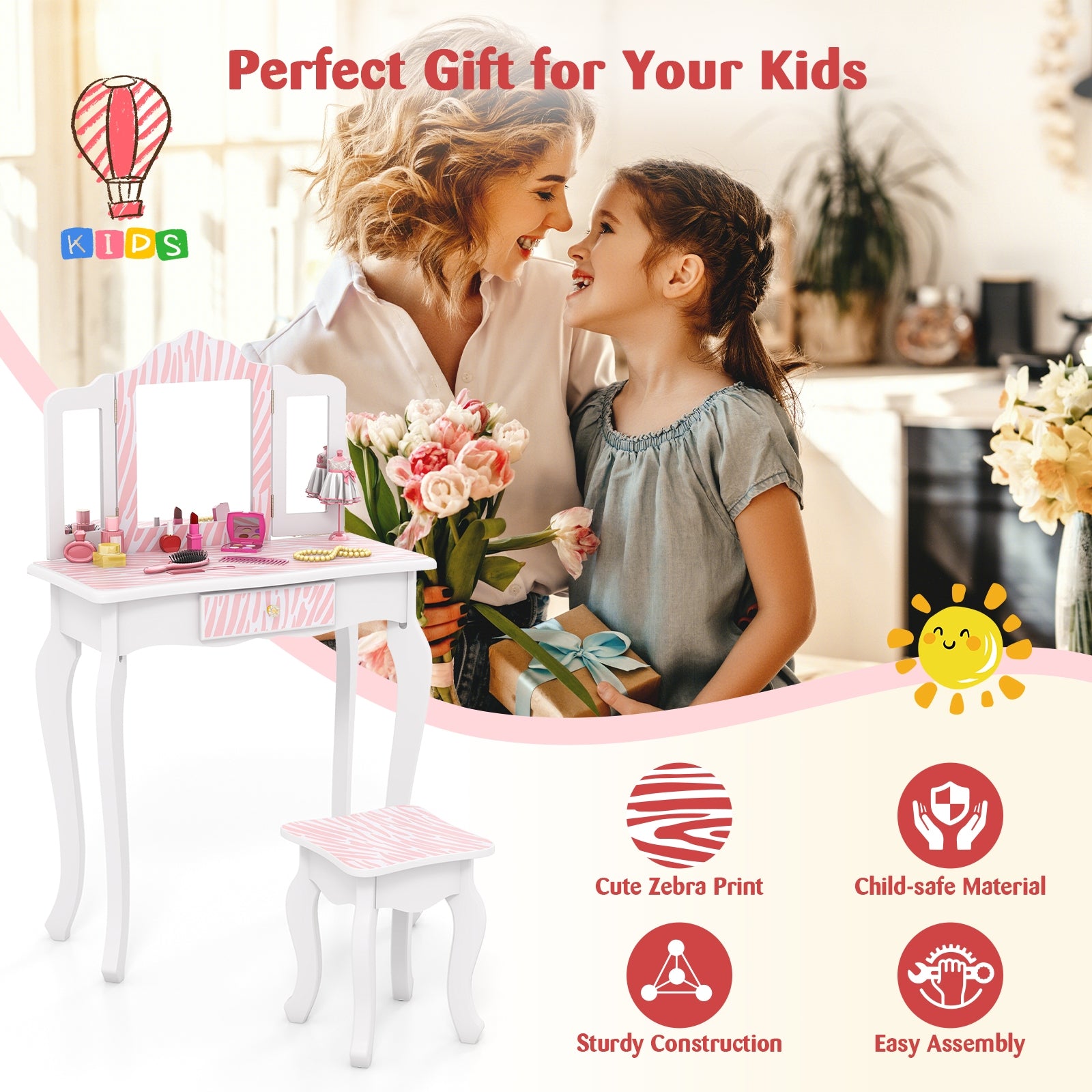 Kids Vanity Set with Drawer and 3 Makeup Accessories, Pink Kids Vanities   at Gallery Canada