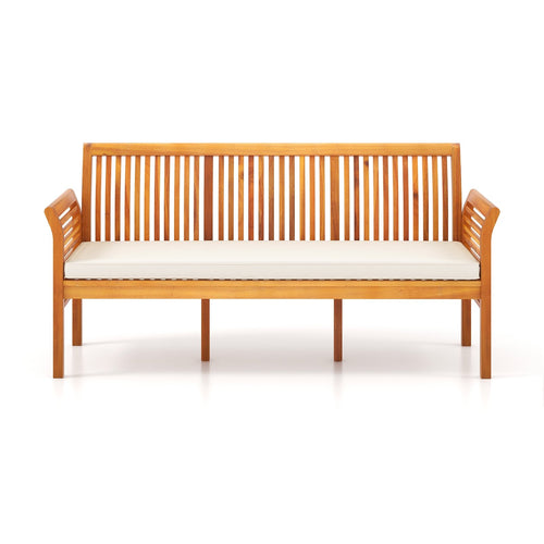 62.5 Inches Patio 3-Seat Wood Bench with Soft Seat Cushions, White