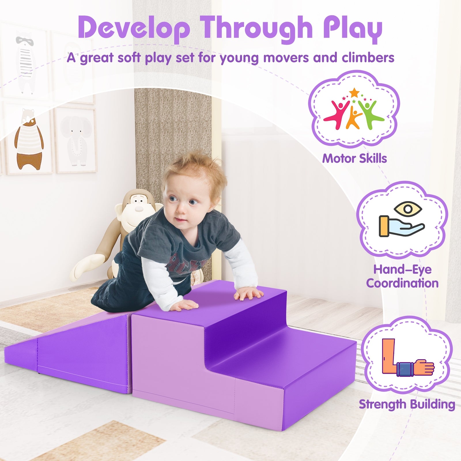 2-Piece Step and Slide Climber for Infants and Toddlers Baby Soft Play Set Foam Blocks, Purple Climbers & Slides   at Gallery Canada