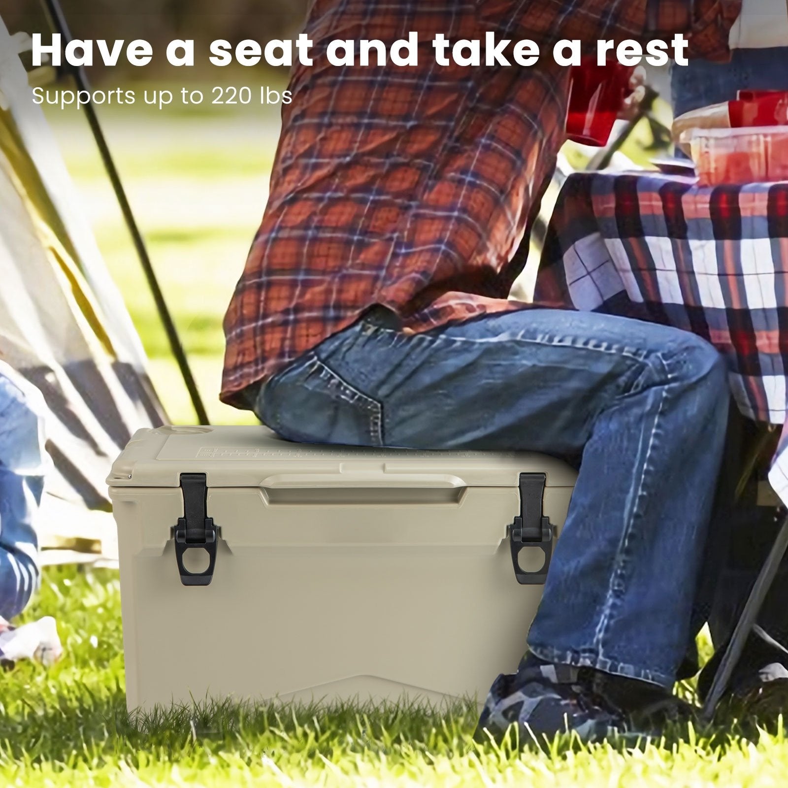 Rotomolded Cooler with Integrated Cup Holders and Bottle Opener, Tan Coolers   at Gallery Canada