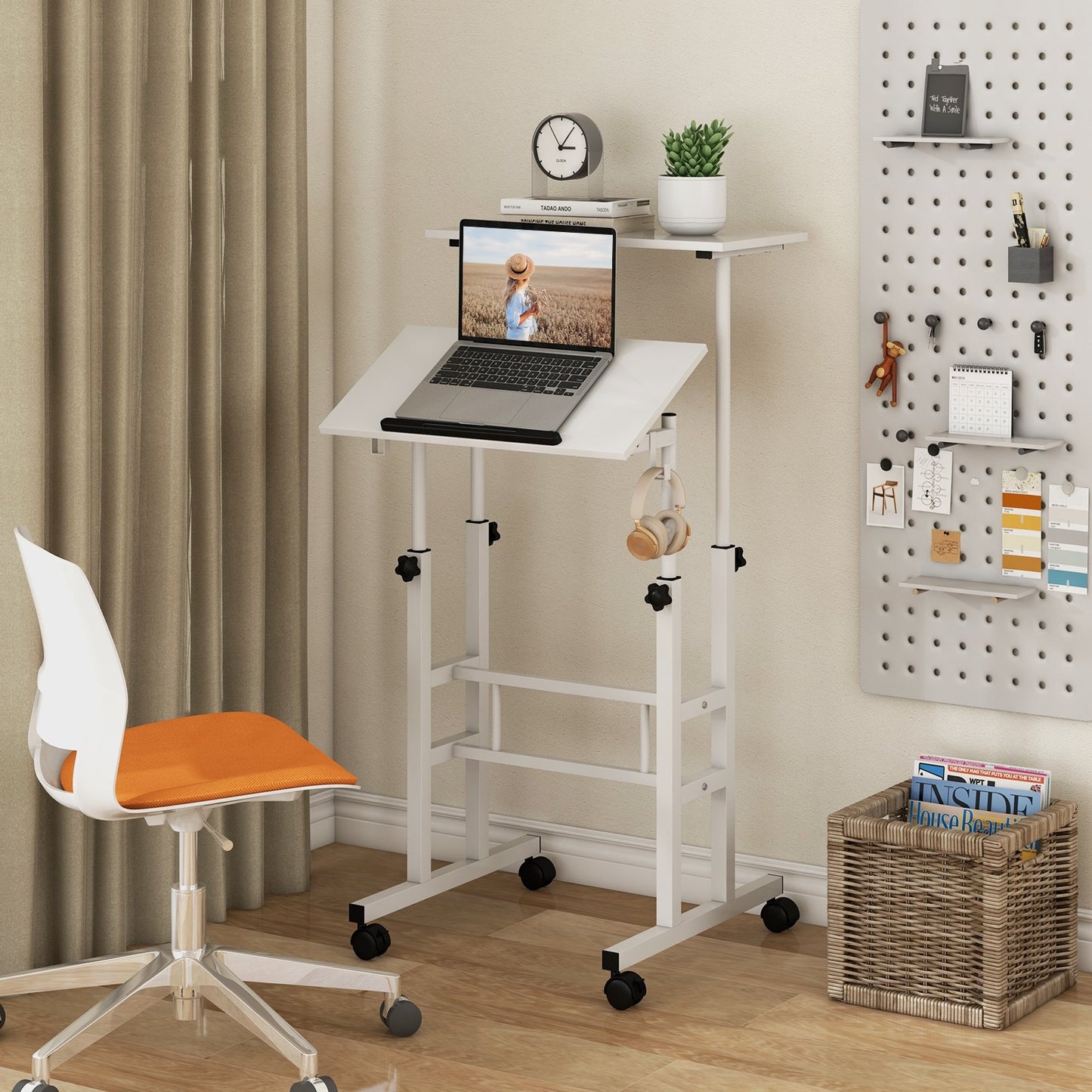 Mobile Standing Desk Height-Adjustable Laptop Cart with Split Top and Hanging Hooks, White Laptop Tables & Printer Stands   at Gallery Canada