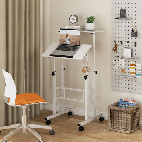 Mobile Standing Desk Height-Adjustable Laptop Cart with Split Top and Hanging Hooks, White