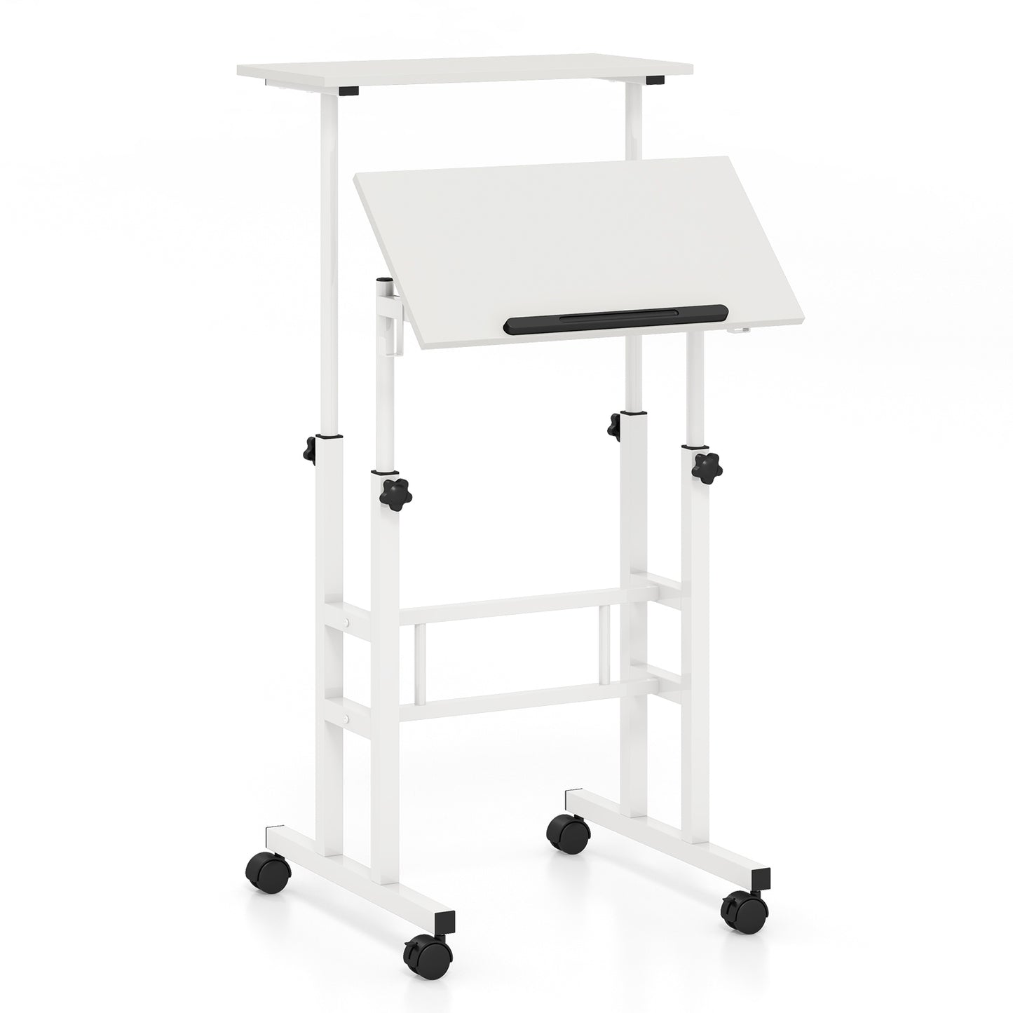 Mobile Standing Desk Height-Adjustable Laptop Cart with Split Top and Hanging Hooks, White Laptop Tables & Printer Stands White  at Gallery Canada