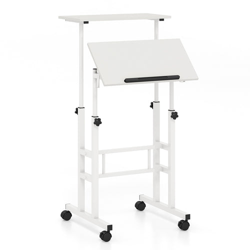 Mobile Standing Desk Height-Adjustable Laptop Cart with Split Top and Hanging Hooks, White