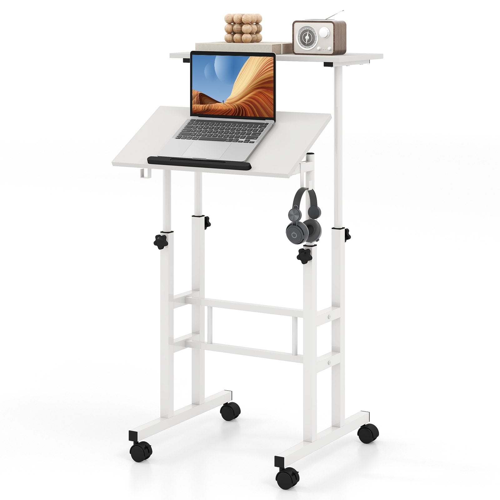 Mobile Standing Desk Height-Adjustable Laptop Cart with Split Top and Hanging Hooks, White Laptop Tables & Printer Stands   at Gallery Canada