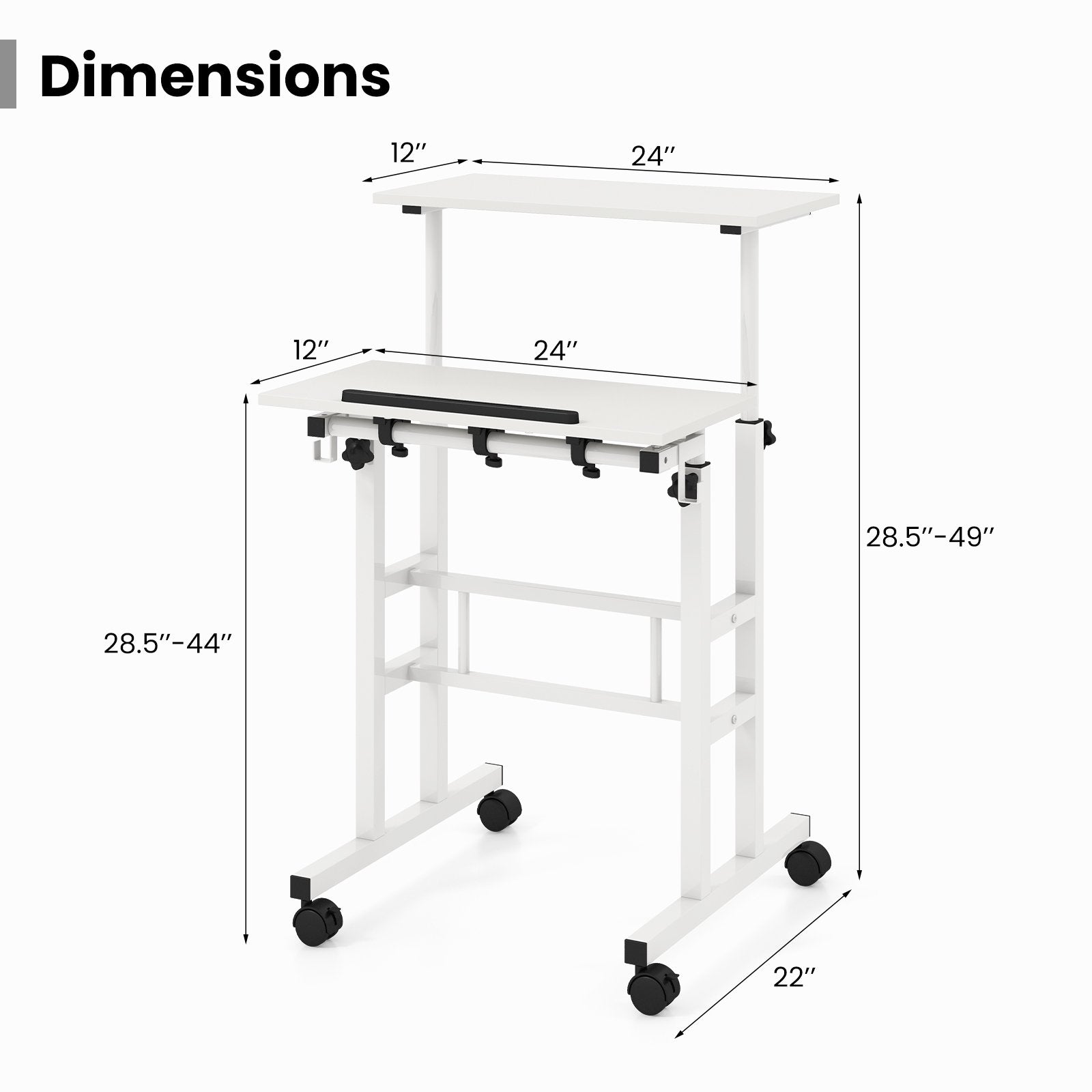 Mobile Standing Desk Height-Adjustable Laptop Cart with Split Top and Hanging Hooks, White Laptop Tables & Printer Stands   at Gallery Canada