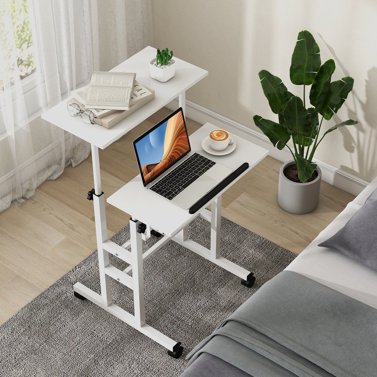 Mobile Standing Desk Height-Adjustable Laptop Cart with Split Top and Hanging Hooks, White Laptop Tables & Printer Stands   at Gallery Canada